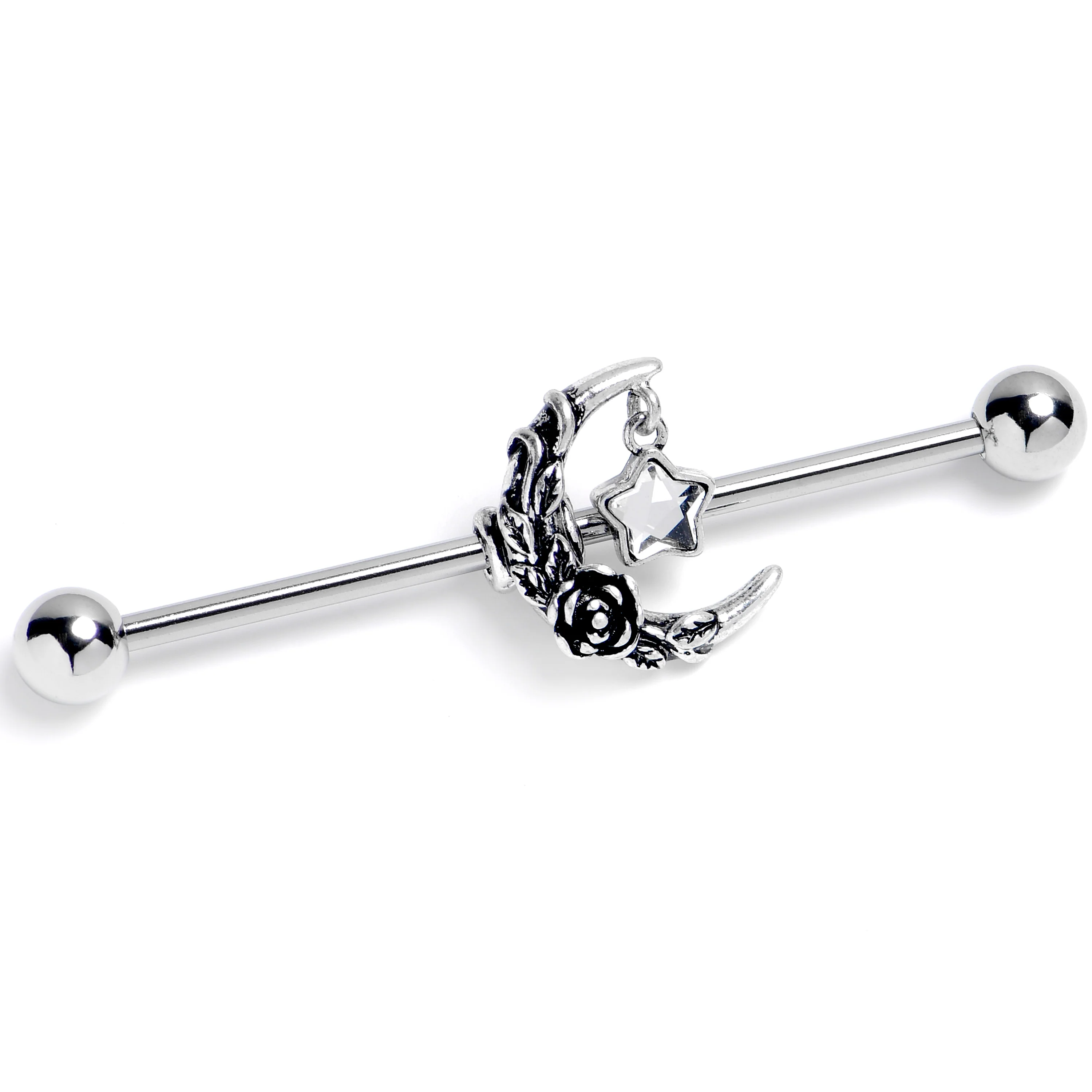 14G Clear Gem Ornate Moon Star Industrial Barbell 38mm