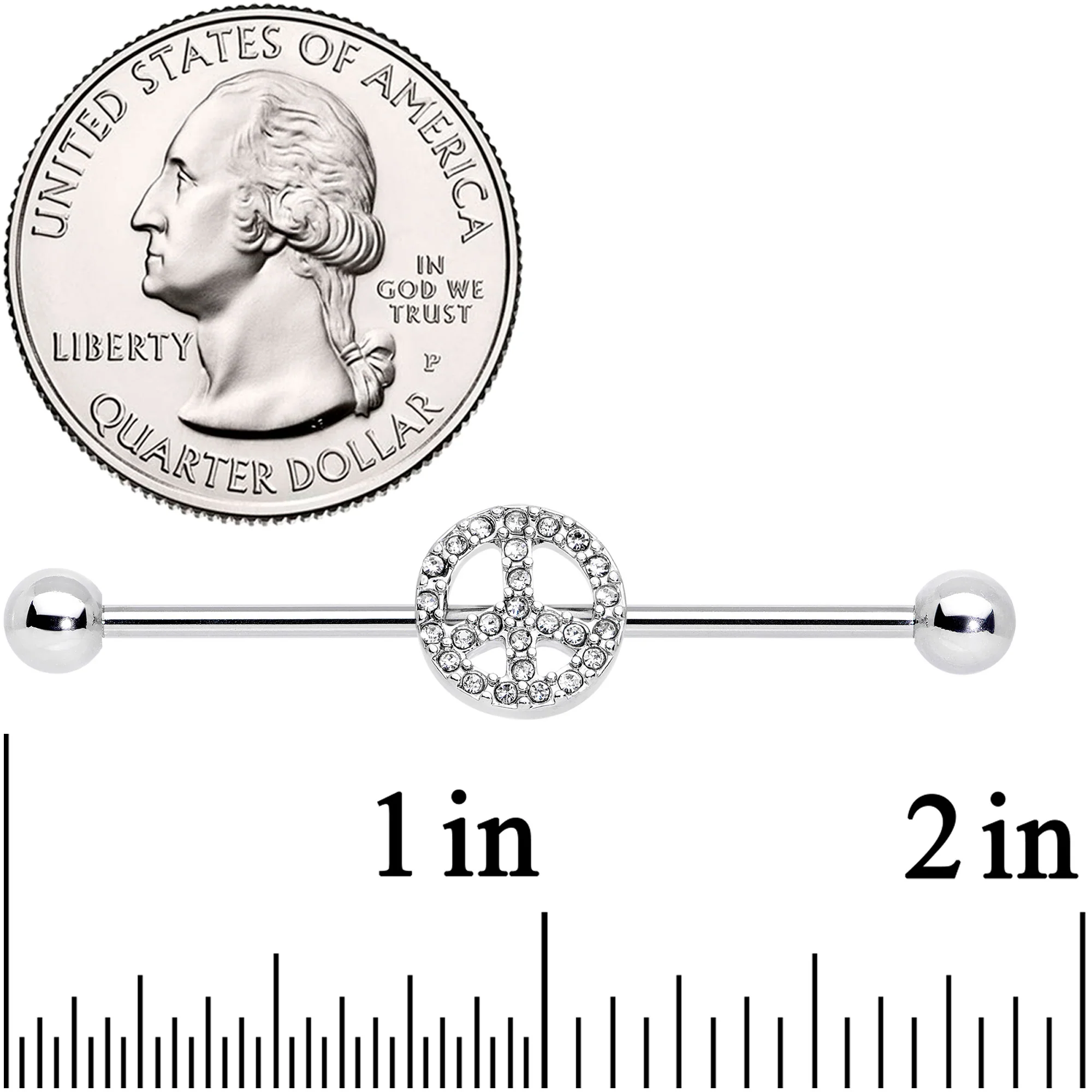 14G Clear Gem Peace Sign Industrial Barbell 38mm - Image 2