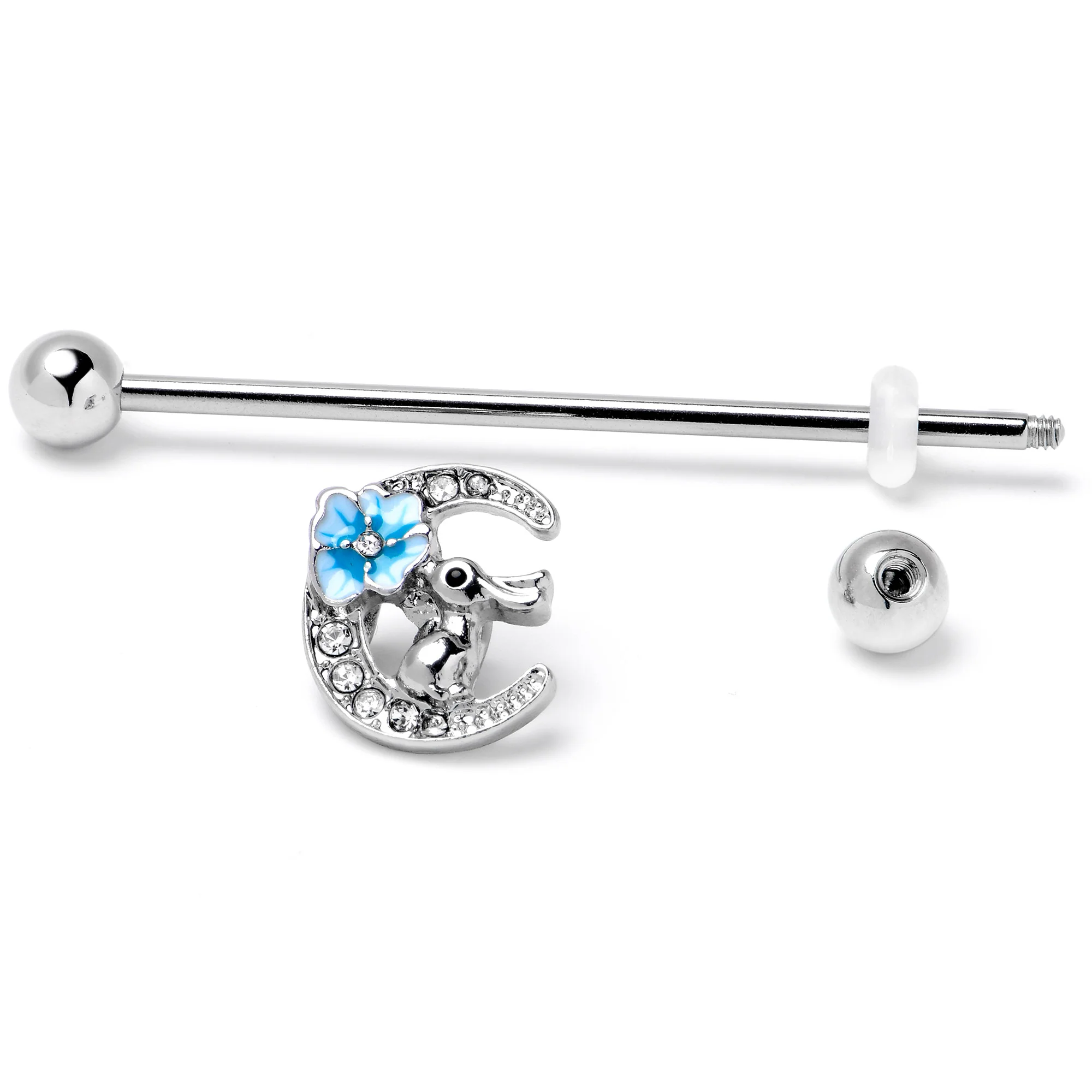 14G Clear Gem Rabbit On Moon Flower Blue Industrial Barbell 38mm - Image 5