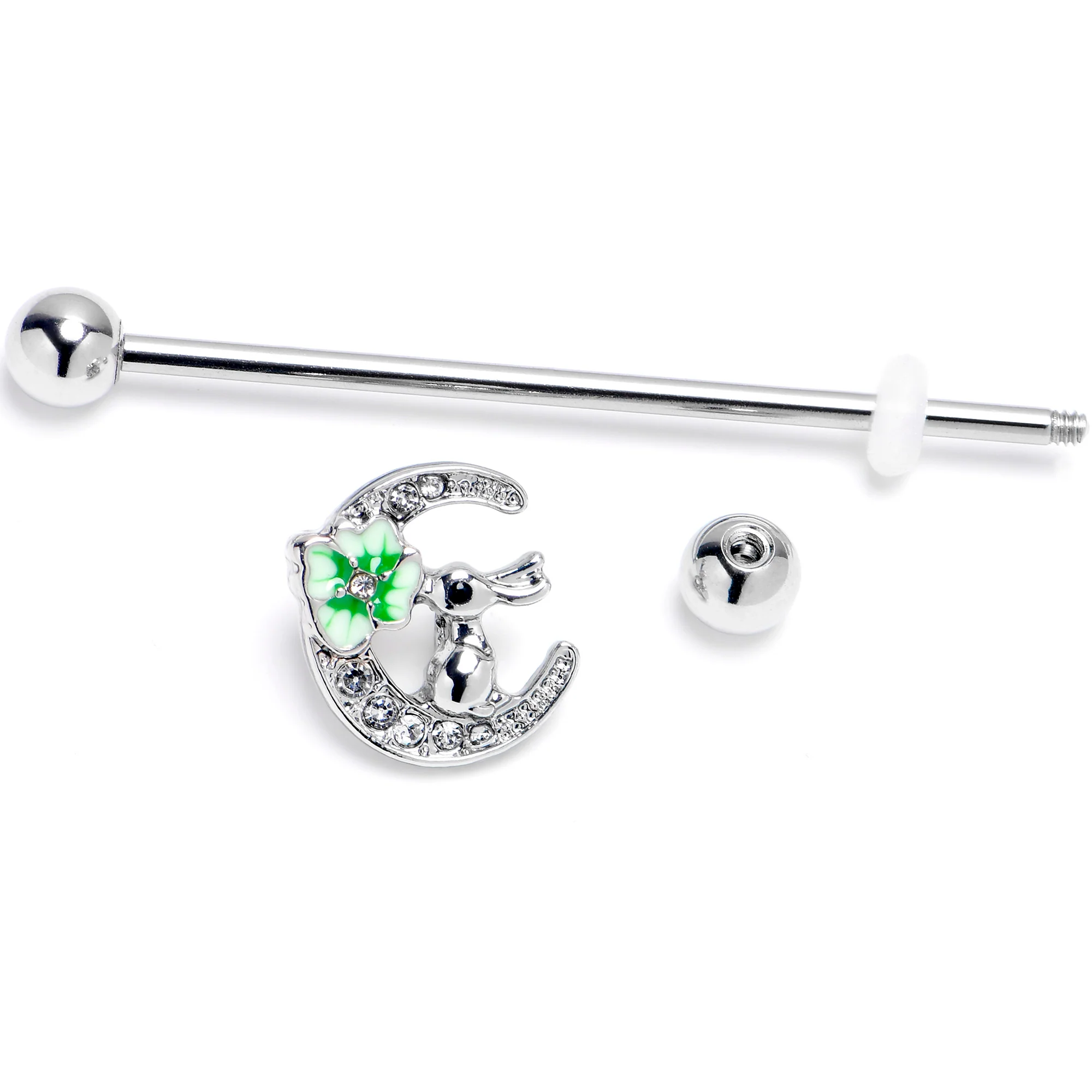 14G Clear Gem Rabbit On Moon Flower Industrial Barbell 38mm - Image 2