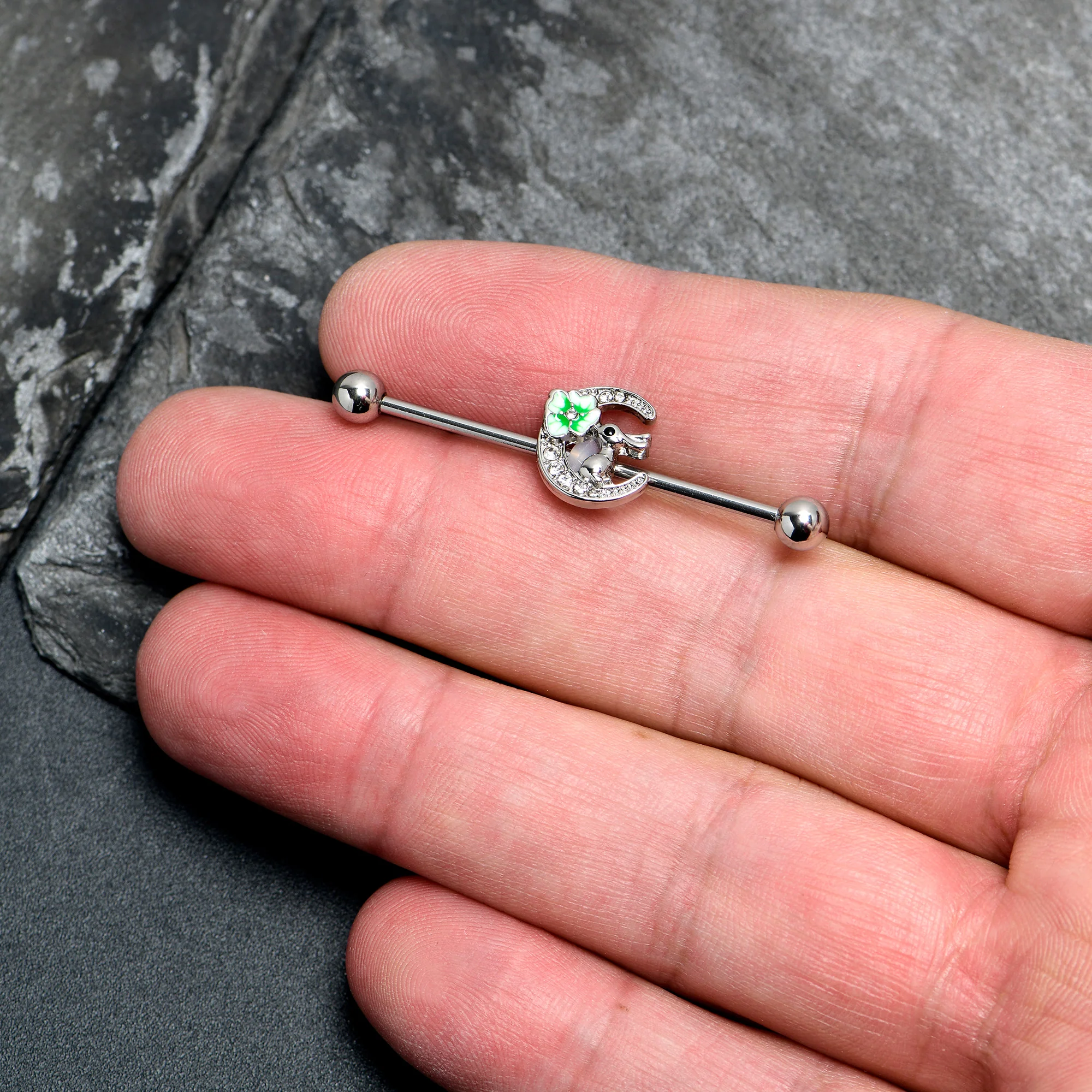 14G Clear Gem Rabbit On Moon Flower Industrial Barbell 38mm - Image 3