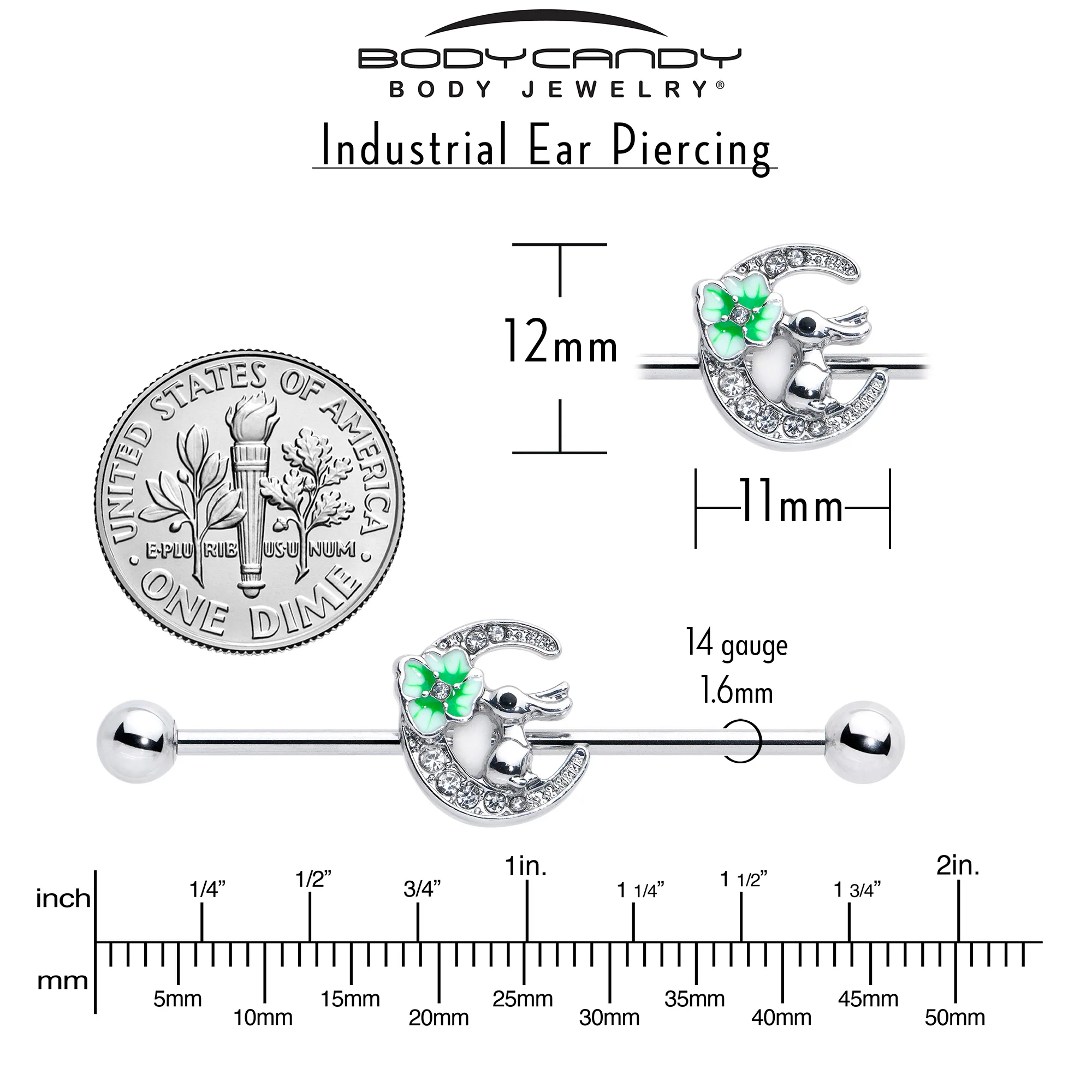 14G Clear Gem Rabbit On Moon Flower Industrial Barbell 38mm - Image 4