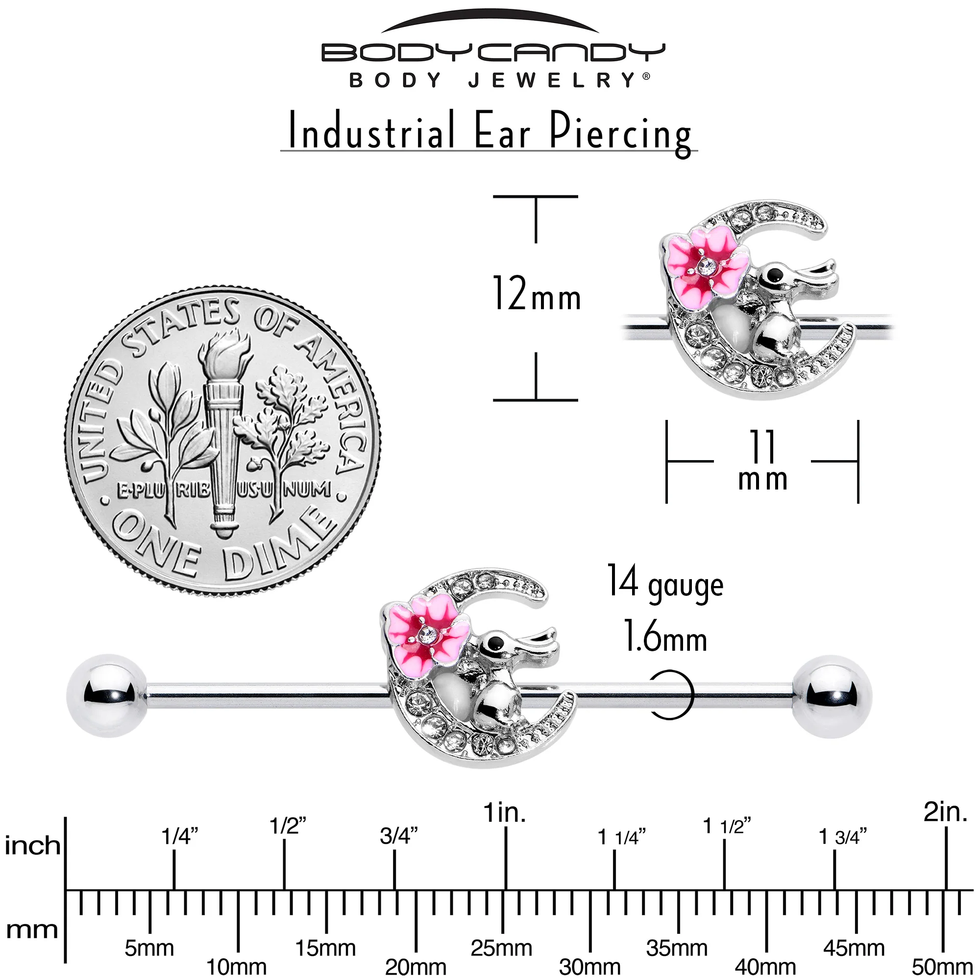 14G Clear Gem Rabbit On Moon Flower Pink Industrial Barbell 38mm - Image 7