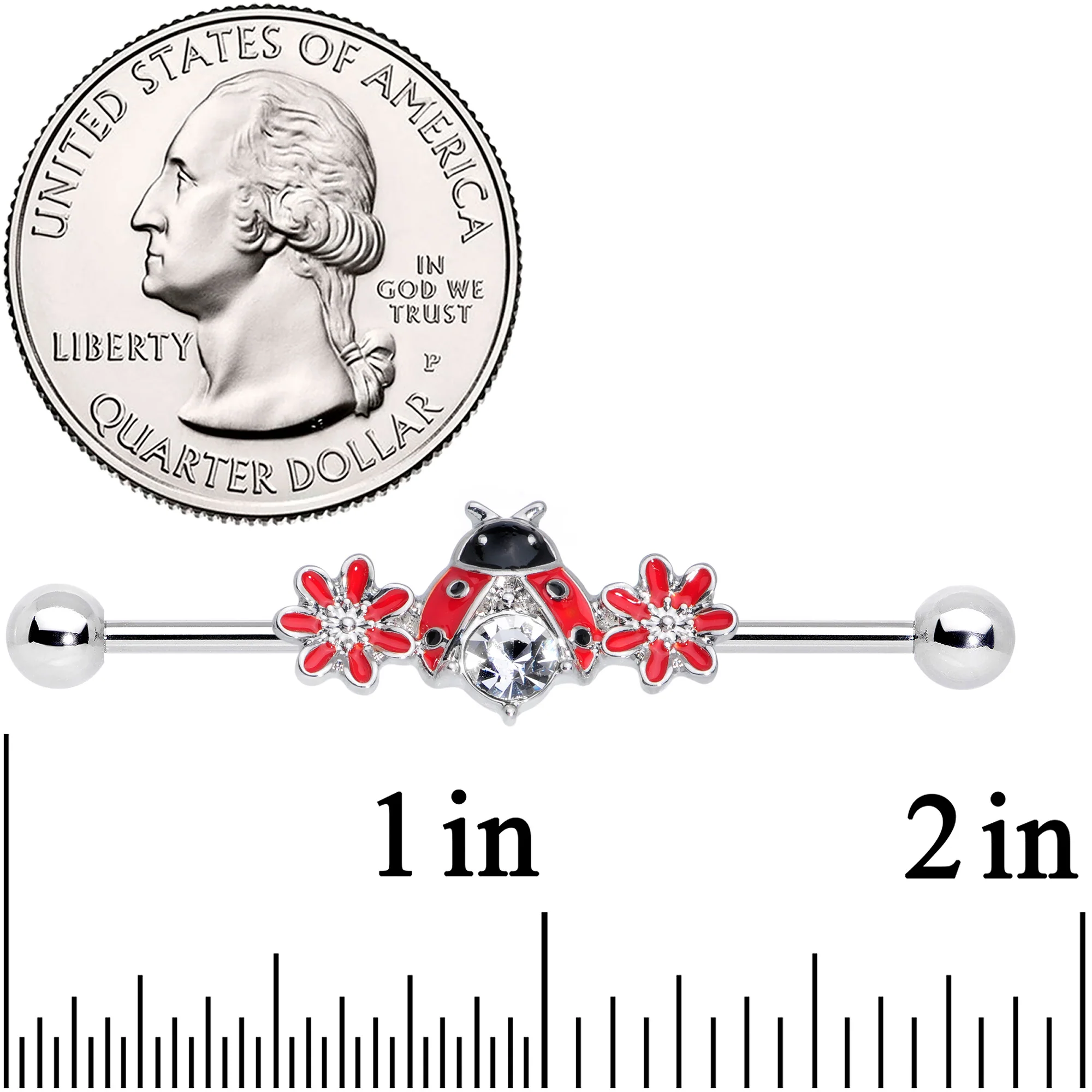 14G Clear Gem Red Flowers Ladybug Industrial Barbell 38mm - Image 2