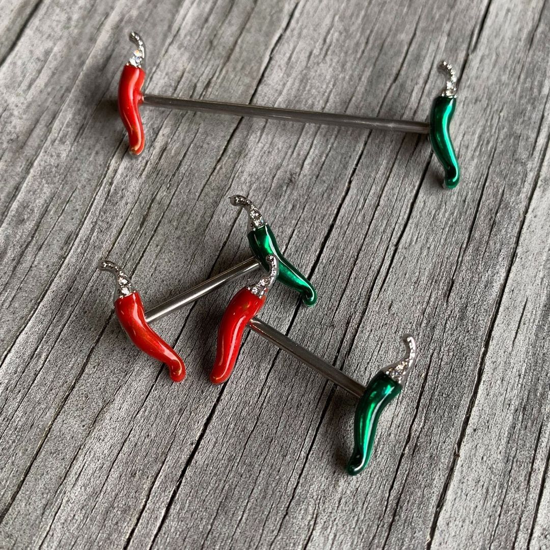 14G Clear Gem Red Green Pepper Industrial Barbell 38mm - Image 2