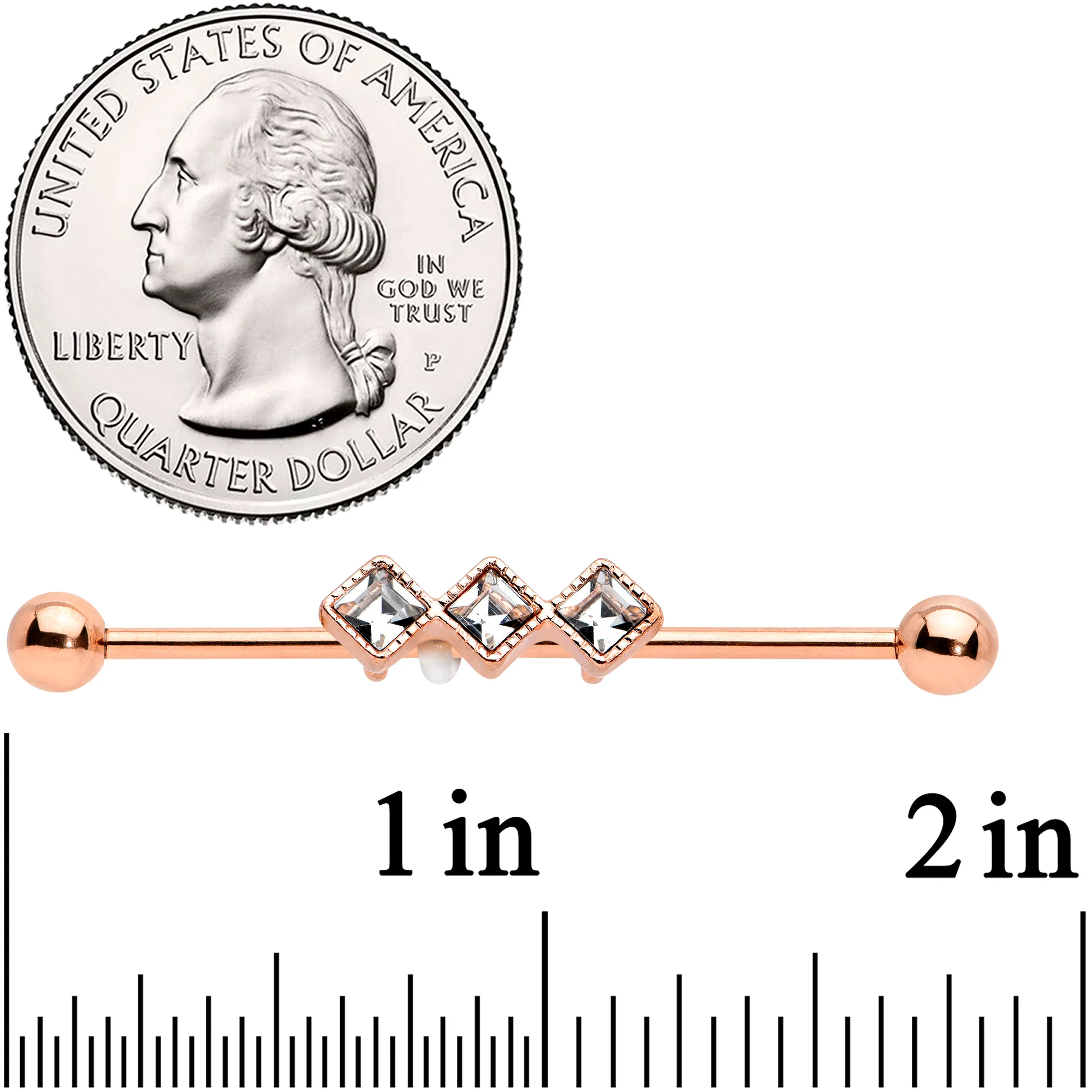 14G Clear Gem Rose Gold Hue Triple Rhombus Industrial Barbell 38mm - Image 2