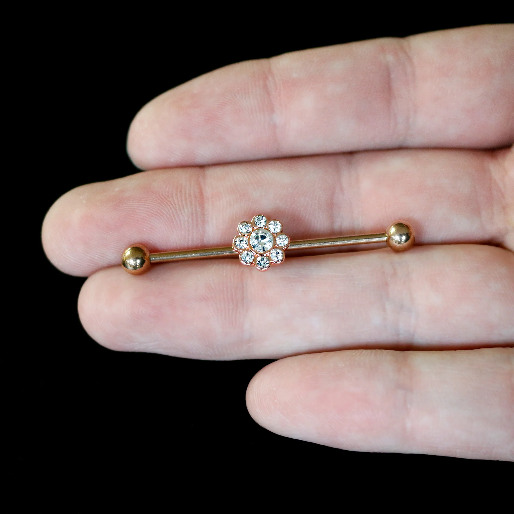 14G Clear Gem Rose Gold Hue Whimsy Flower Industrial Barbell 38mm - Image 5
