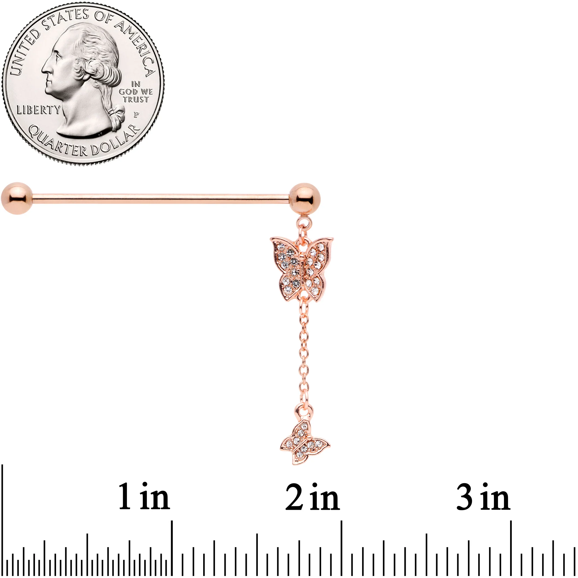 14G Clear Gem Rose Gold Tone Butterfly Dangle Industrial Barbell - Image 2