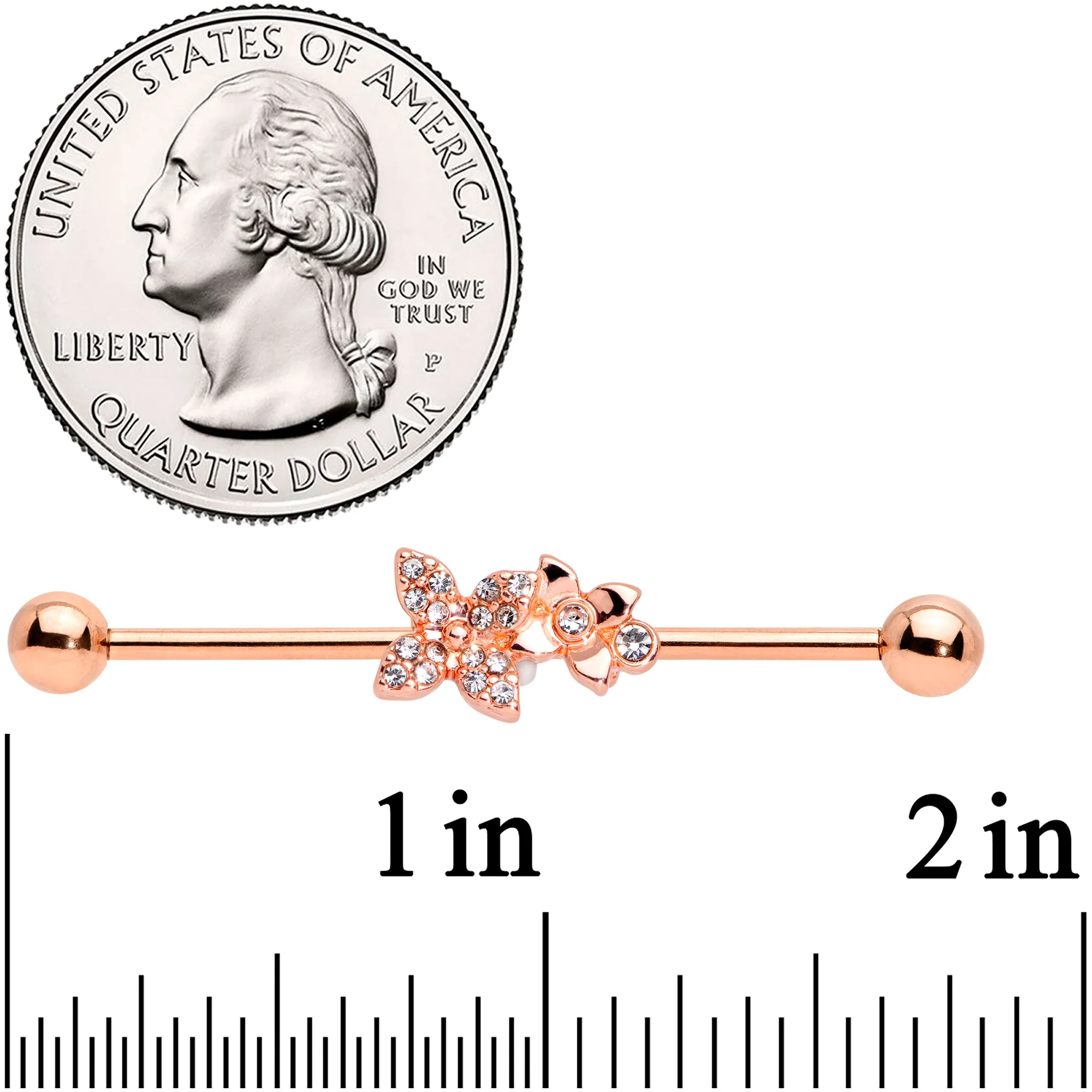 14G Clear Gem Rose Gold Tone Butterfly Industrial Barbell 38mm - Image 2