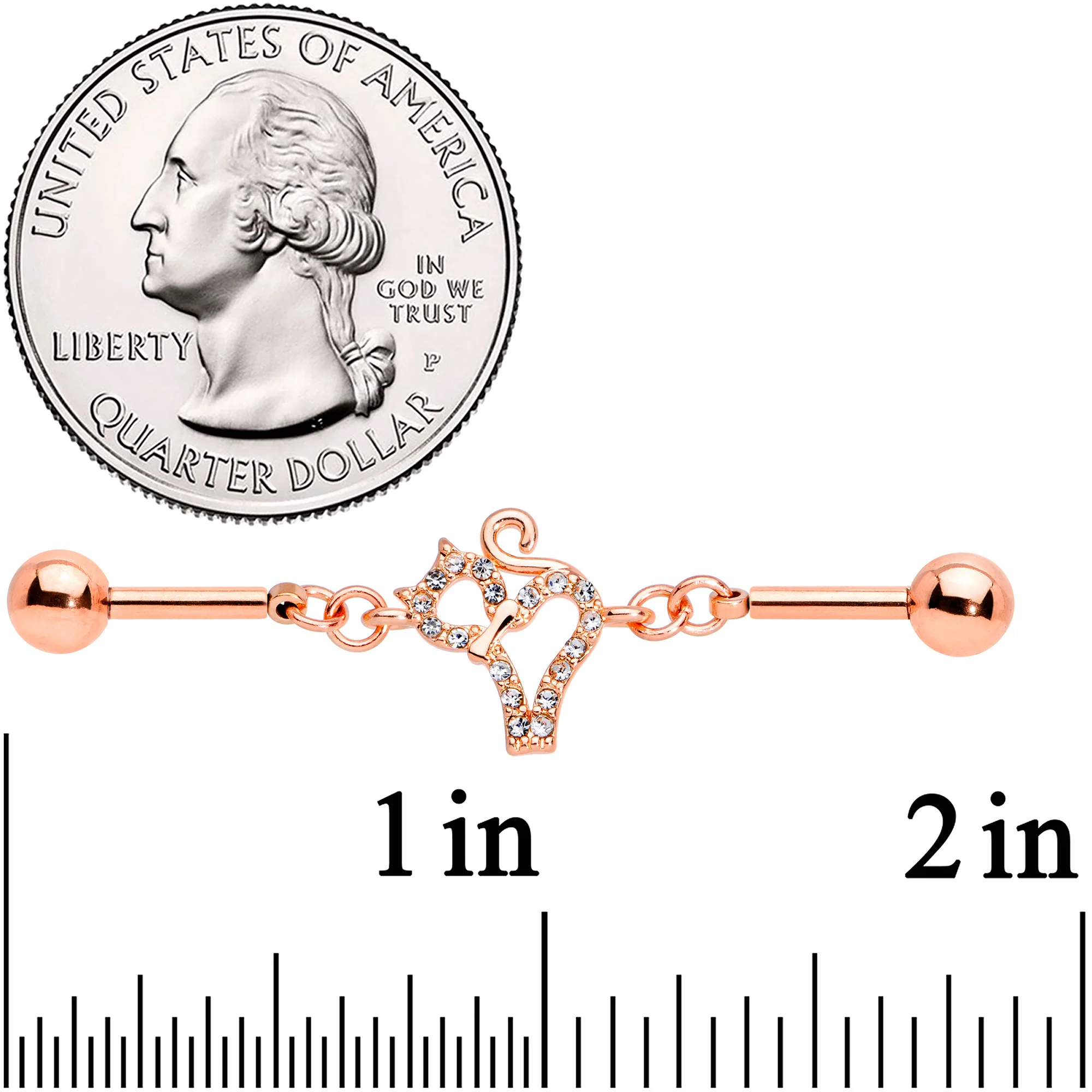 14G Clear Gem Rose Gold Tone Cat Double Industrial Barbell 40mm - Image 2