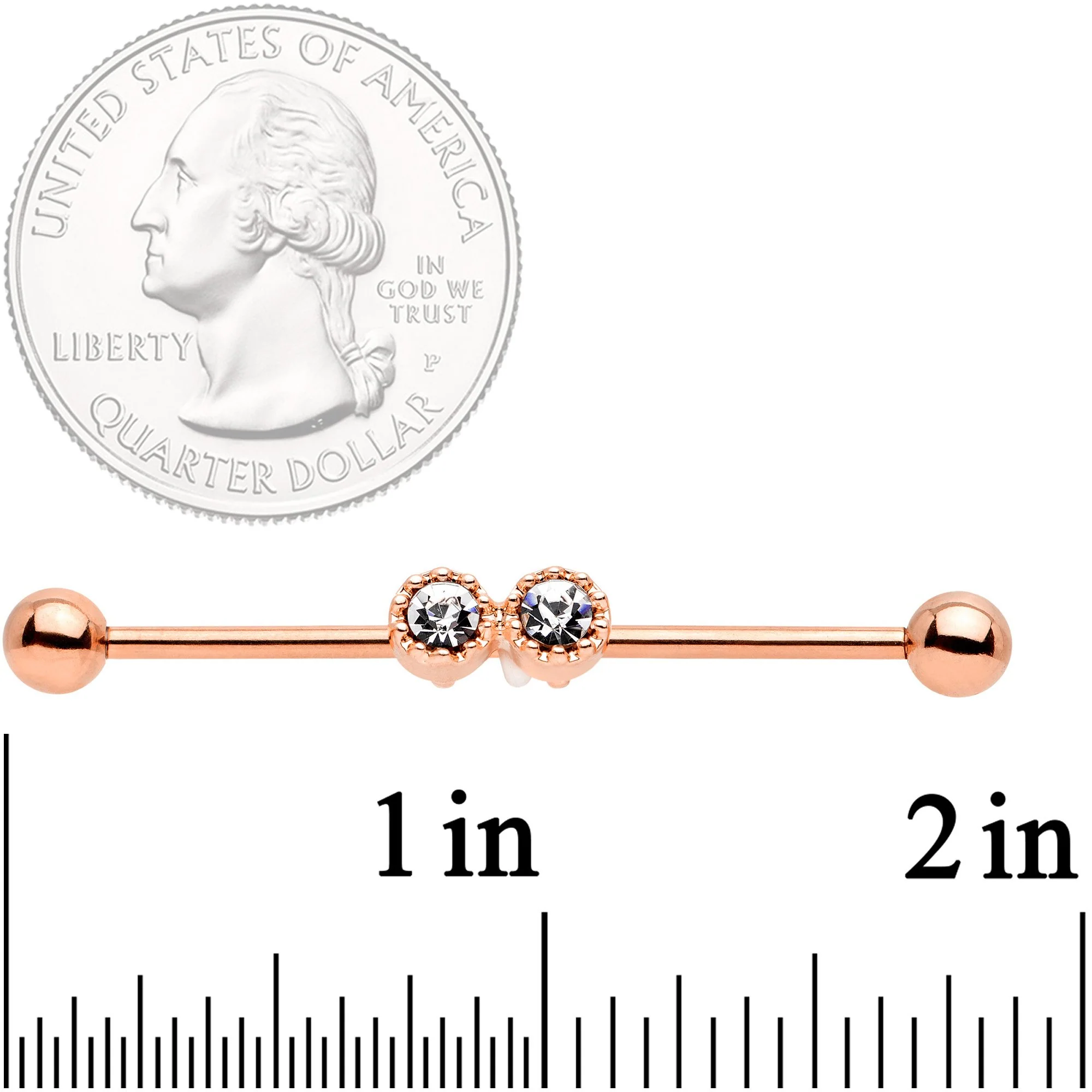 14G Clear Gem Rose Gold Tone Double Drama Industrial Barbell 38mm - Image 2