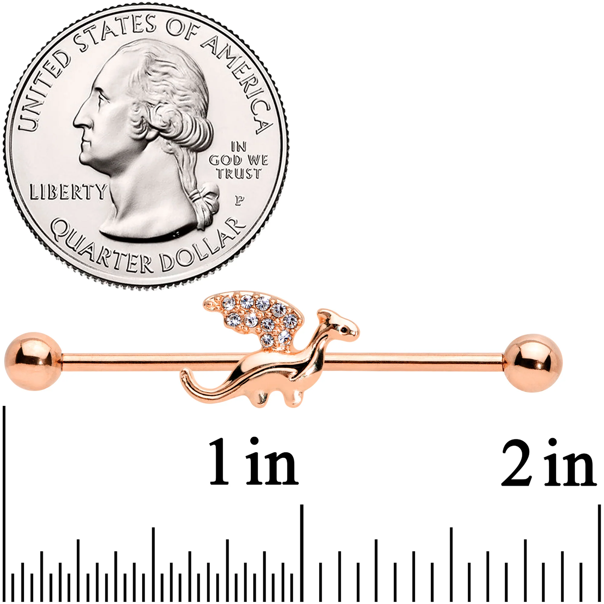 14G Clear Gem Rose Gold Tone Dragon Industrial Barbell 38mm - Image 2