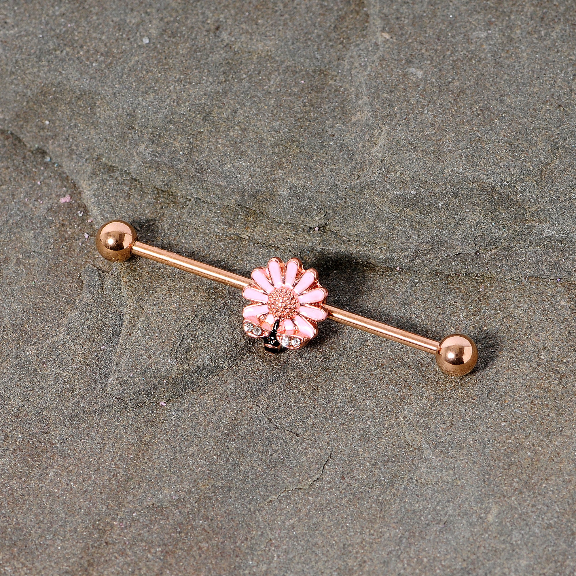 14G Clear Gem Rose Gold Tone Flower Bee Industrial Barbell 38mm - Image 2
