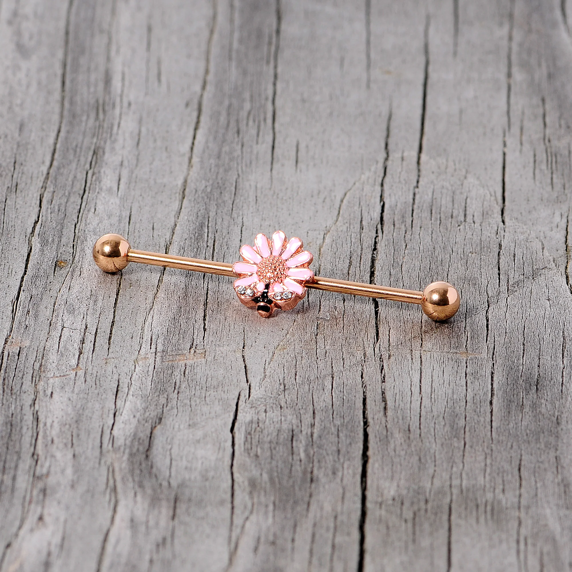 14G Clear Gem Rose Gold Tone Flower Bee Industrial Barbell 38mm - Image 5