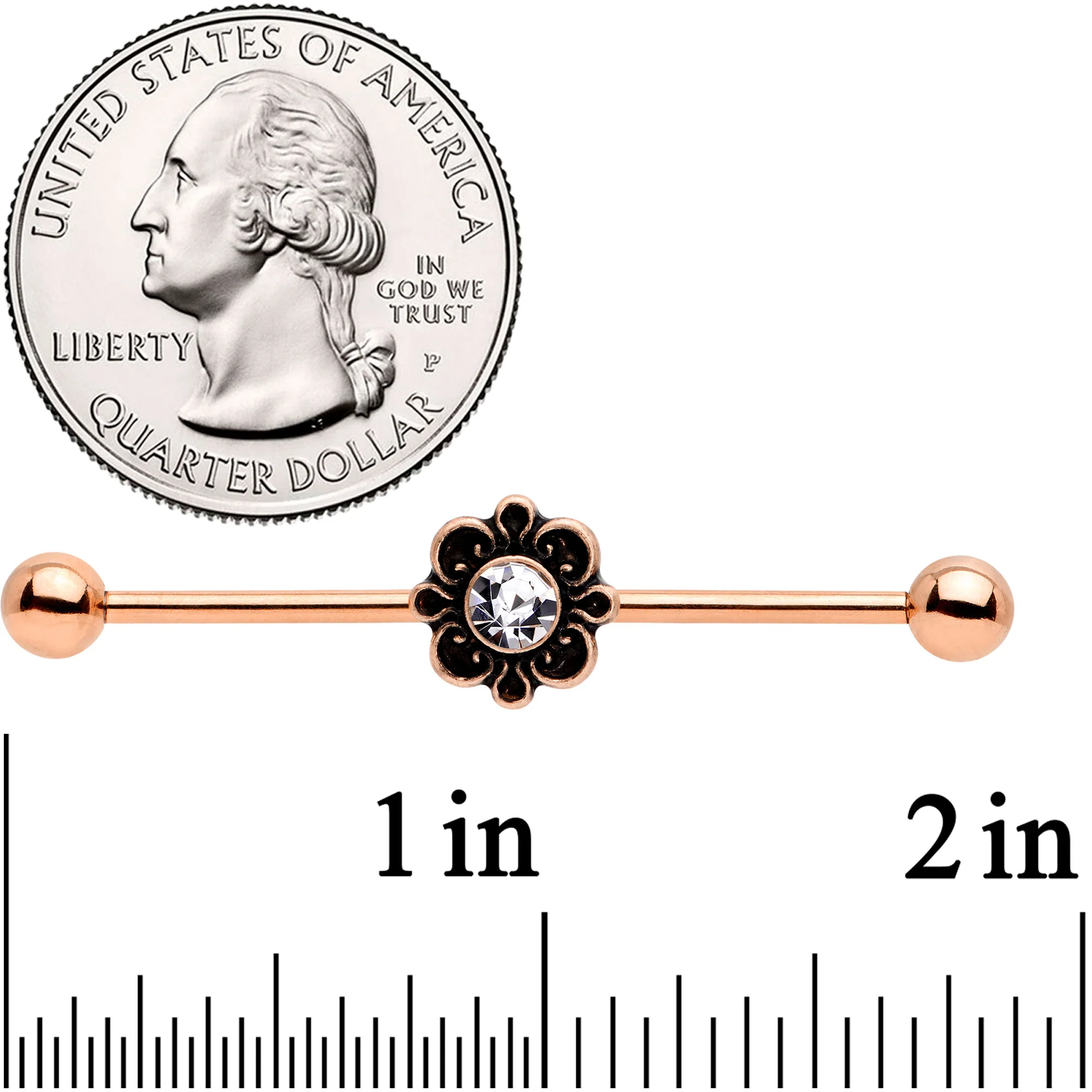 14G Clear Gem Rose Gold Tone Flower Industrial Barbell 38mm - Image 2