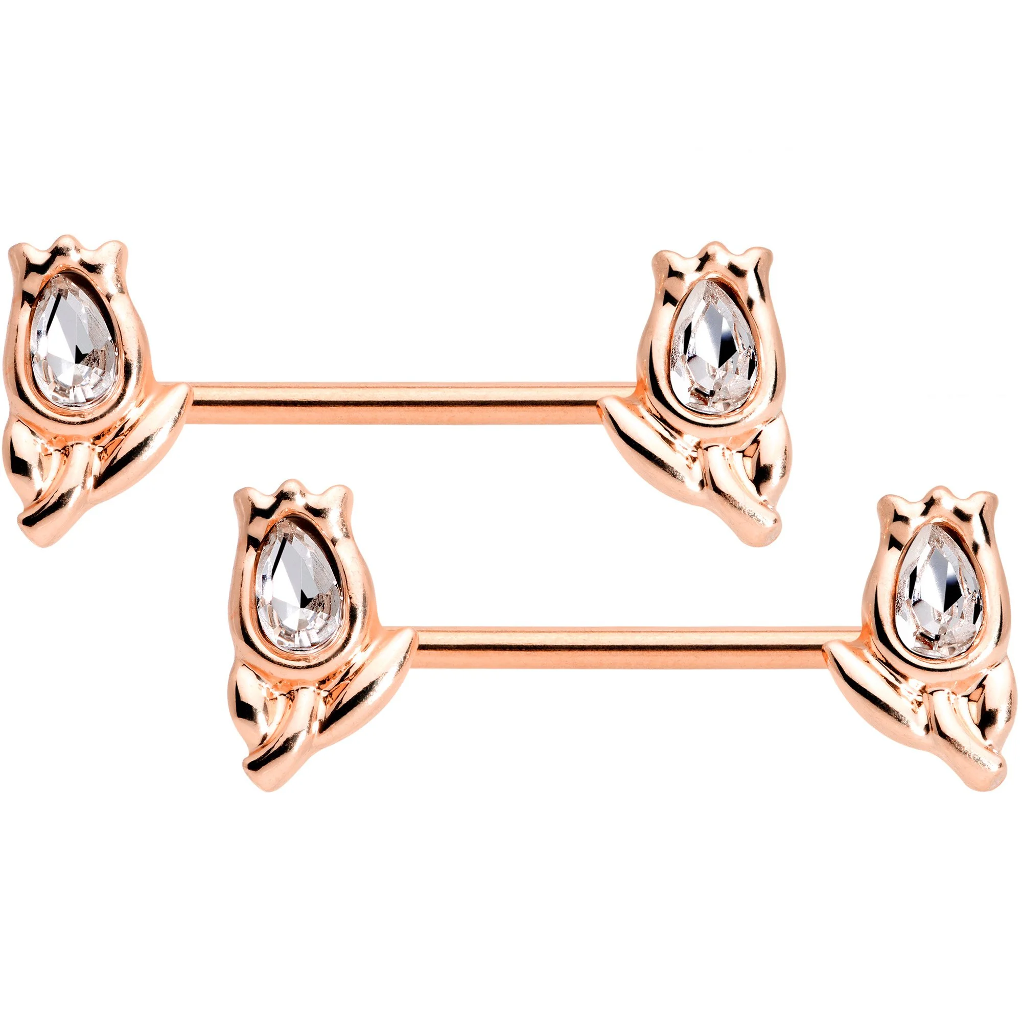 14G Clear Gem Rose Gold Tone Flowers BCR Barbell Nipple Ring Set - Image 2