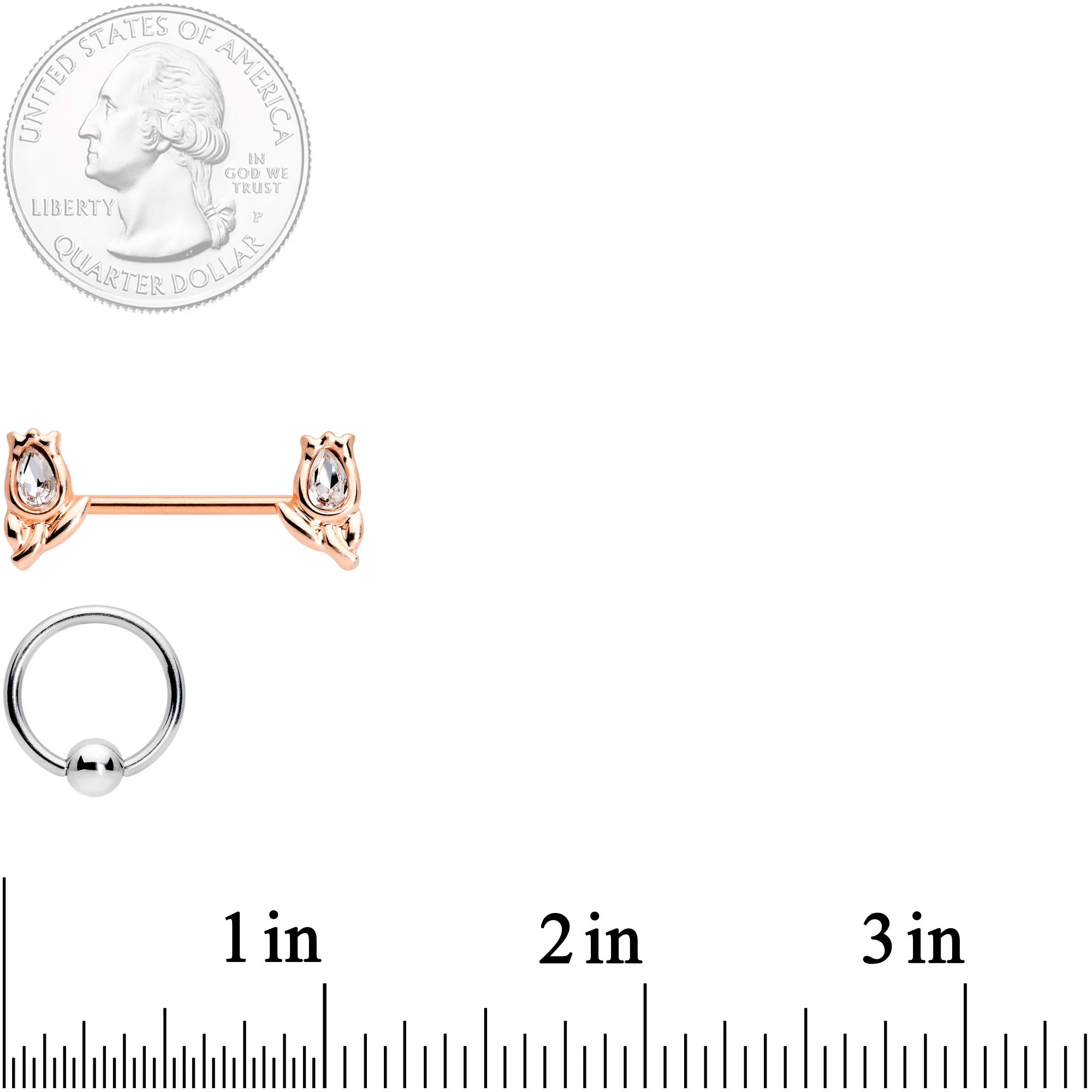 14G Clear Gem Rose Gold Tone Flowers BCR Barbell Nipple Ring Set - Image 4