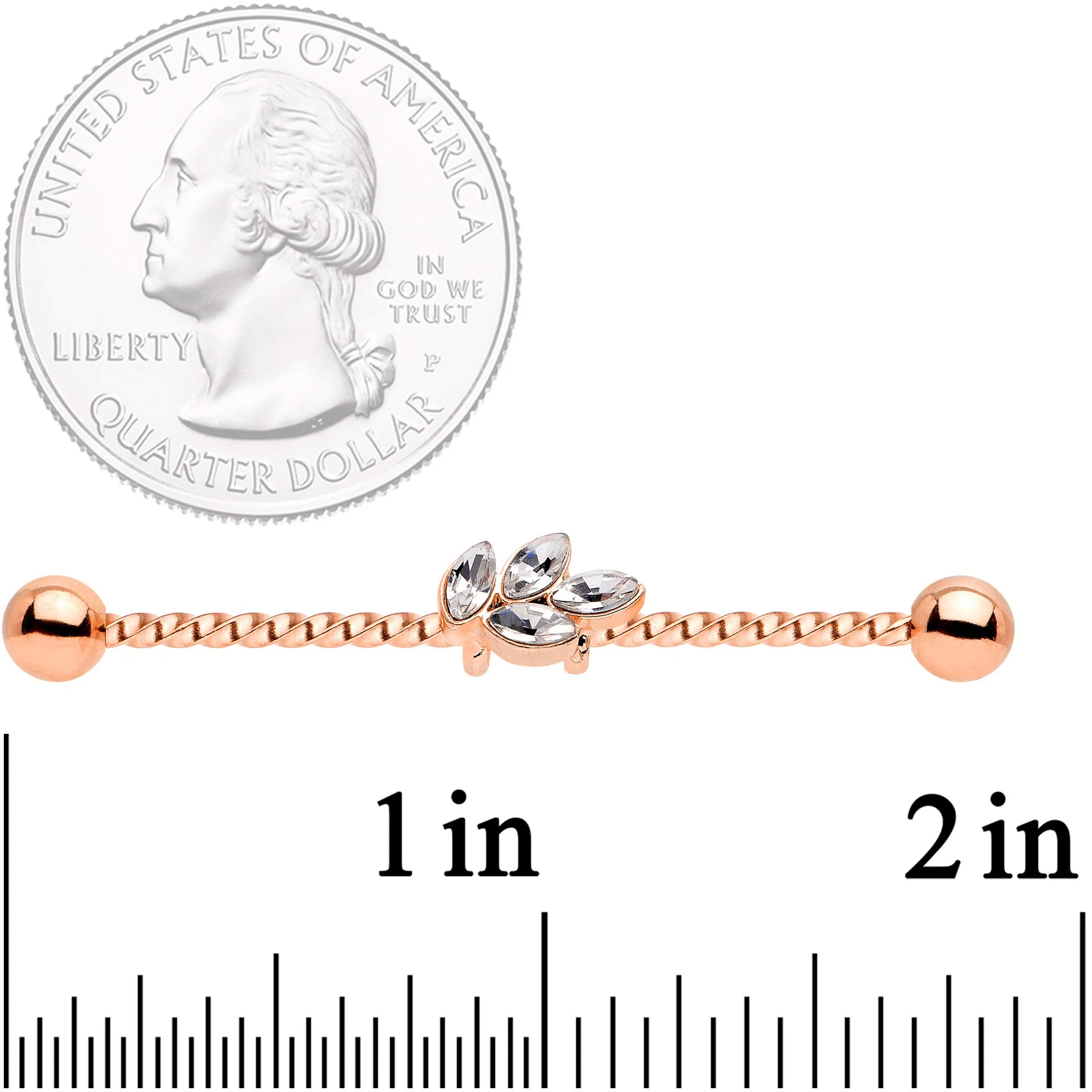 14G Clear Gem Rose Gold Tone Leaf Industrial Barbell 38mm - Image 2