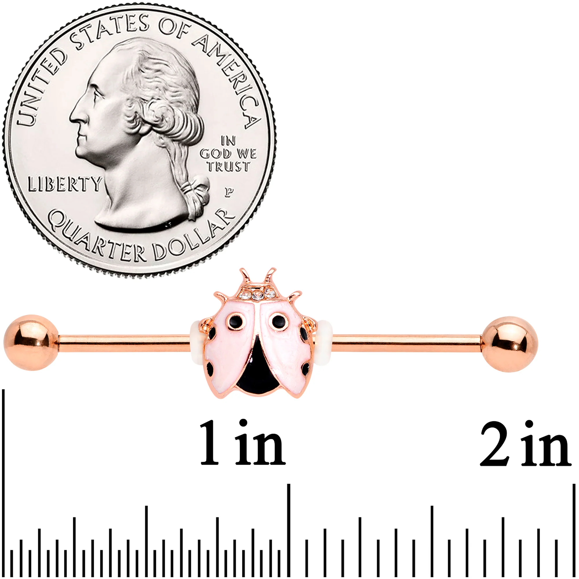 14G Clear Gem Rose Gold Tone Lil Ladybug Industrial Barbell 38mm - Image 2