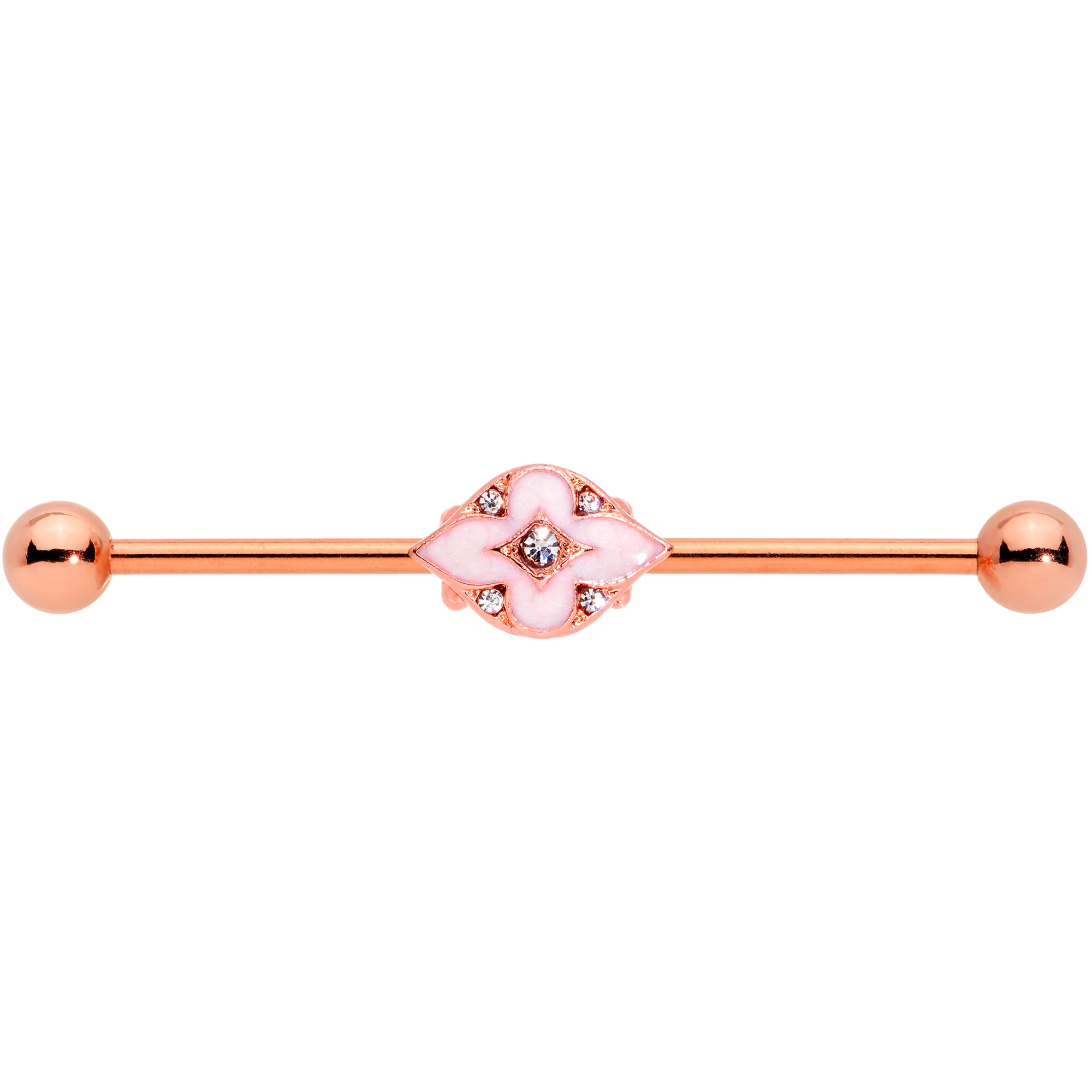 14G Clear Gem Rose Gold Tone Pink Cross Industrial Barbell 38mm - Image 2