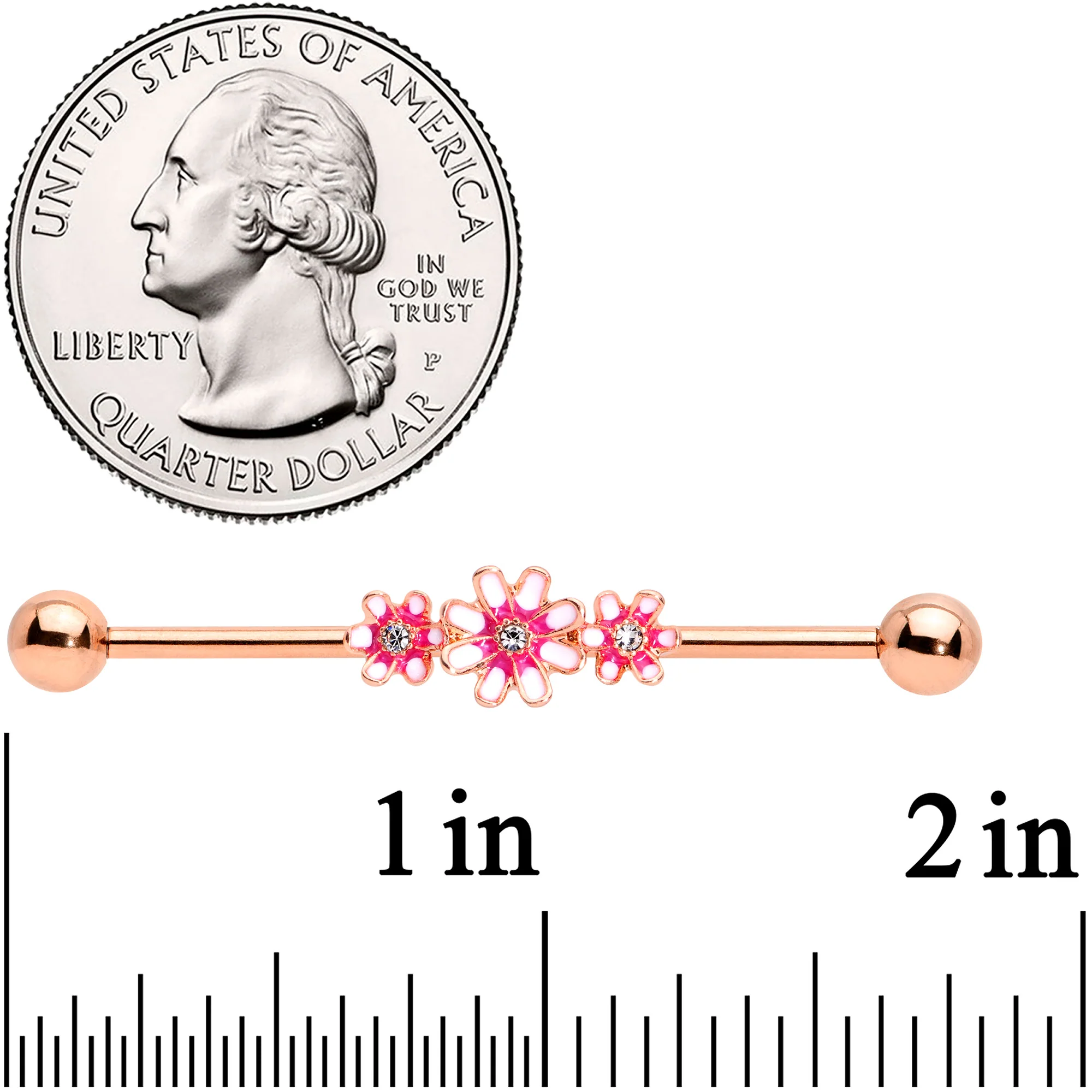 14G Clear Gem Rose Gold Tone Pink Flowers Industrial Barbell 38mm - Image 2