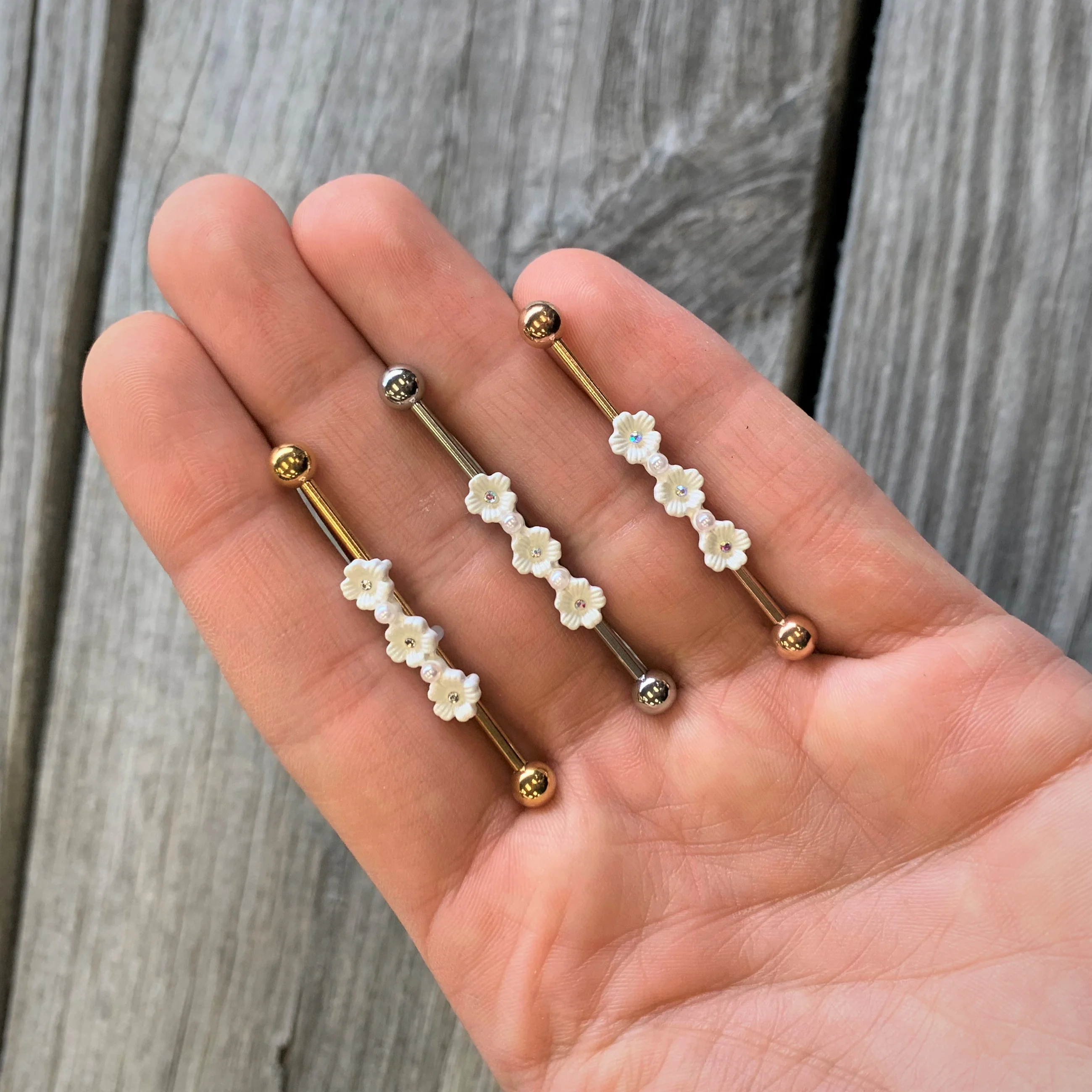 14G Clear Gem Rose Gold Tone Flower Industrial Barbell 38mm - Image 2