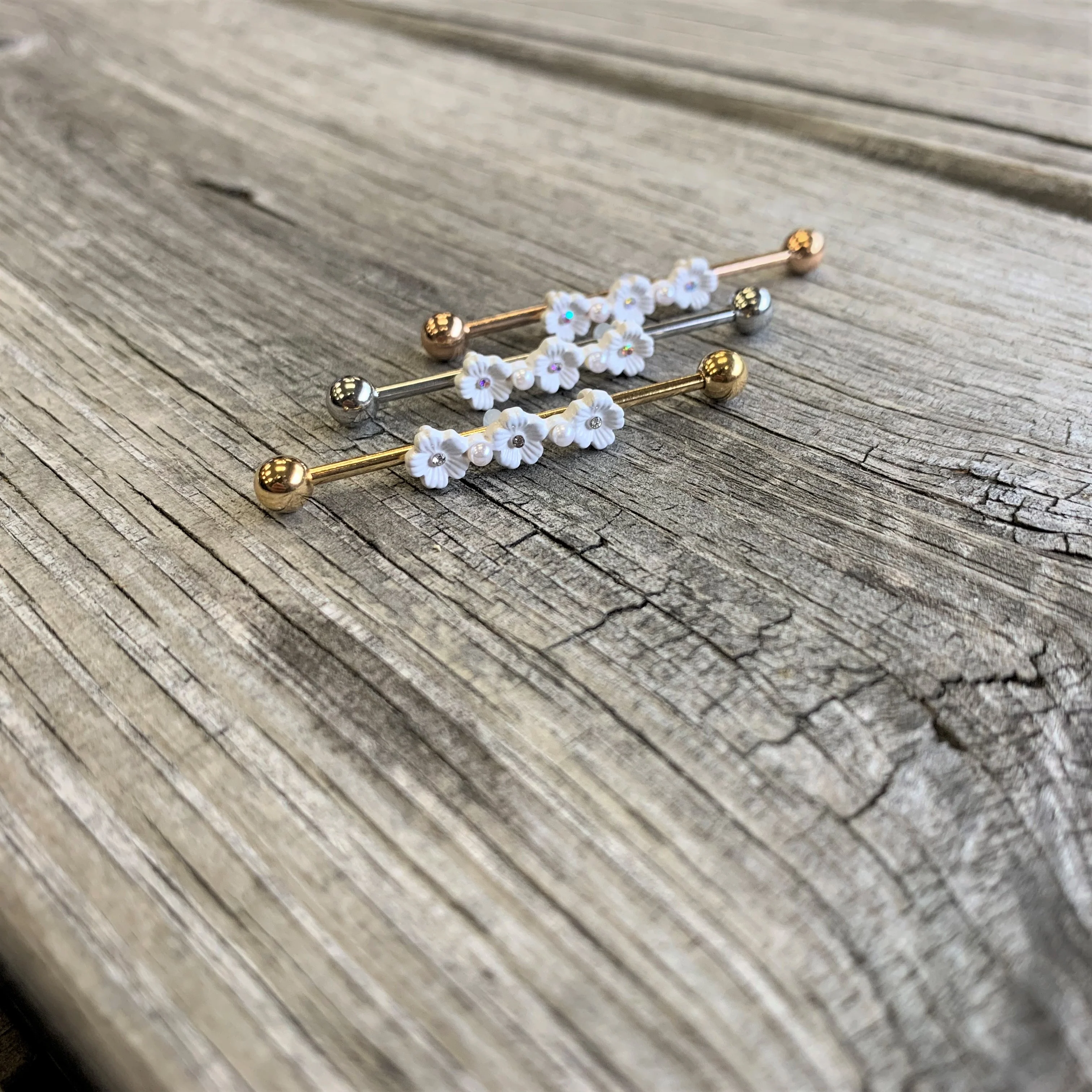 14G Clear Gem Rose Gold Tone Flower Industrial Barbell 38mm - Image 3