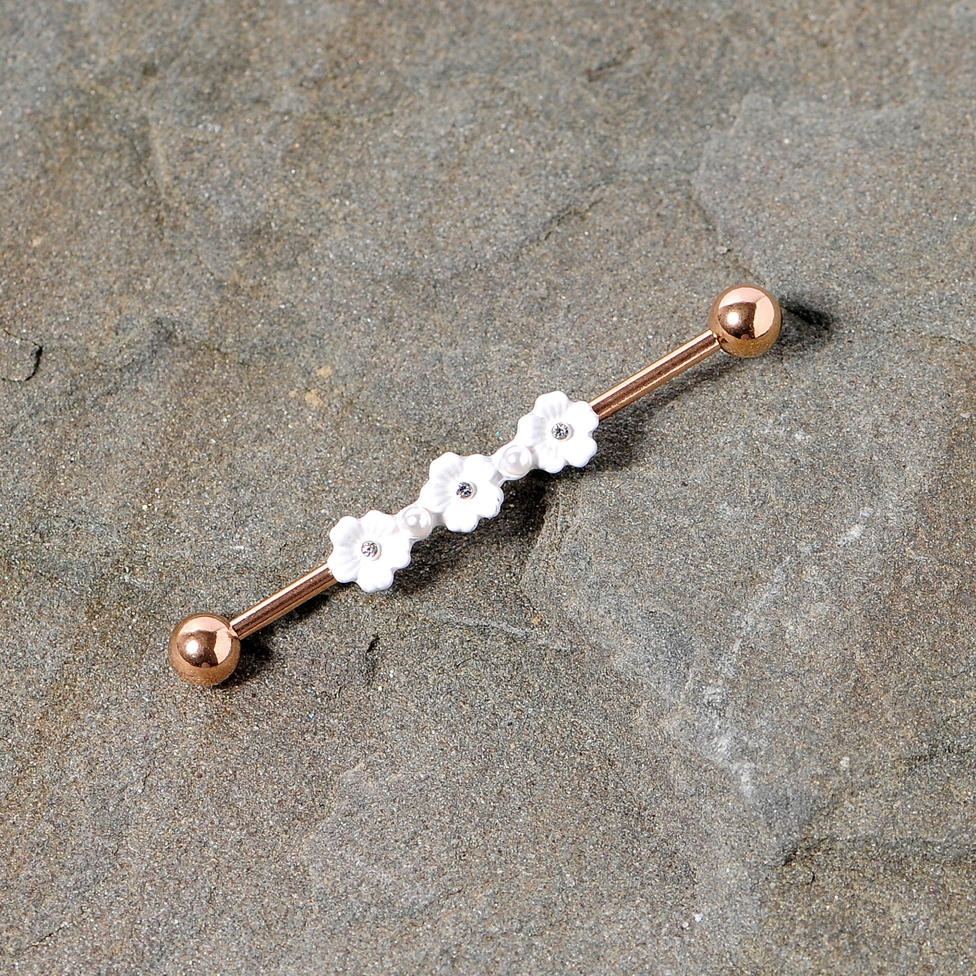 14G Clear Gem Rose Gold Tone Flower Industrial Barbell 38mm - Image 4