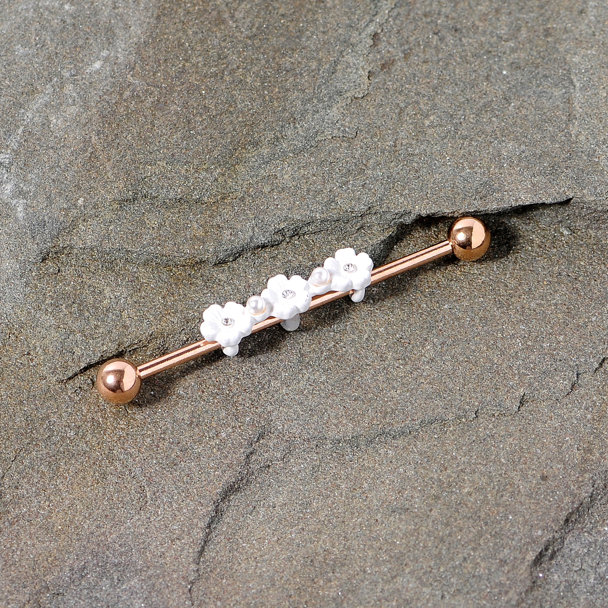 14G Clear Gem Rose Gold Tone Flower Industrial Barbell 38mm - Image 5