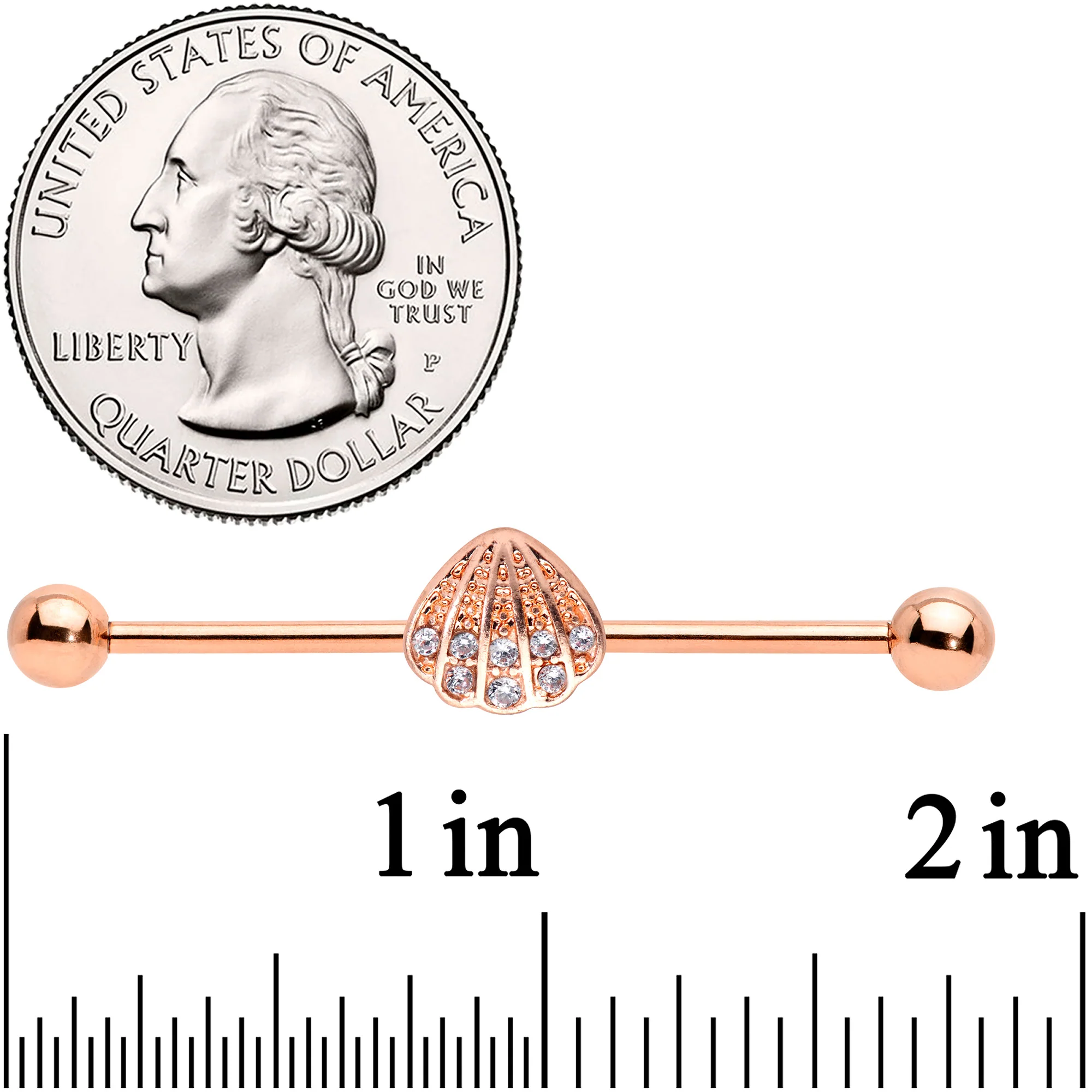 14G Clear Gem Rose Gold Tone Shell Industrial Barbell 38mm - Image 2