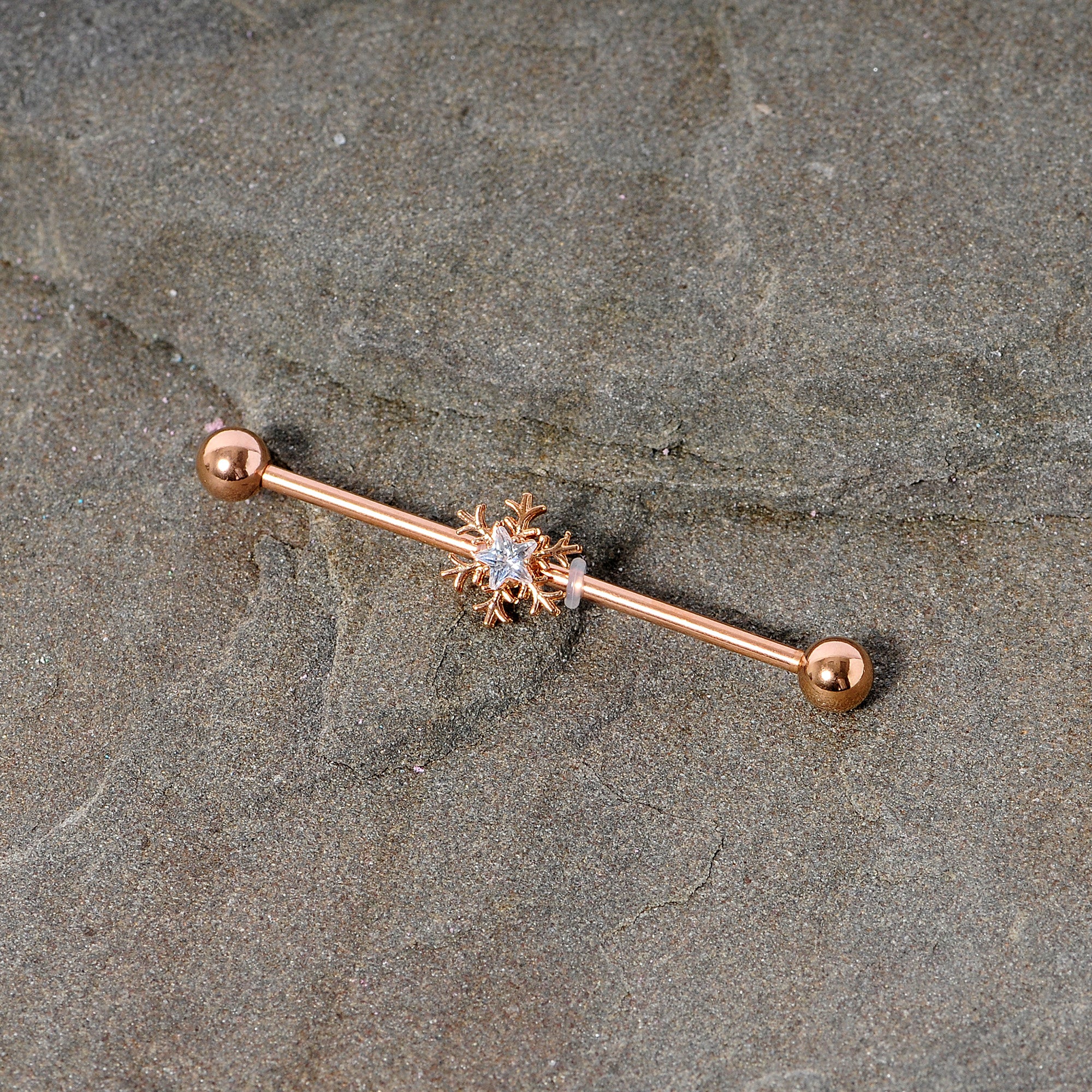 14G Clear Gem Rose Gold Tone Snowflake Industrial Barbell 38mm - Image 4