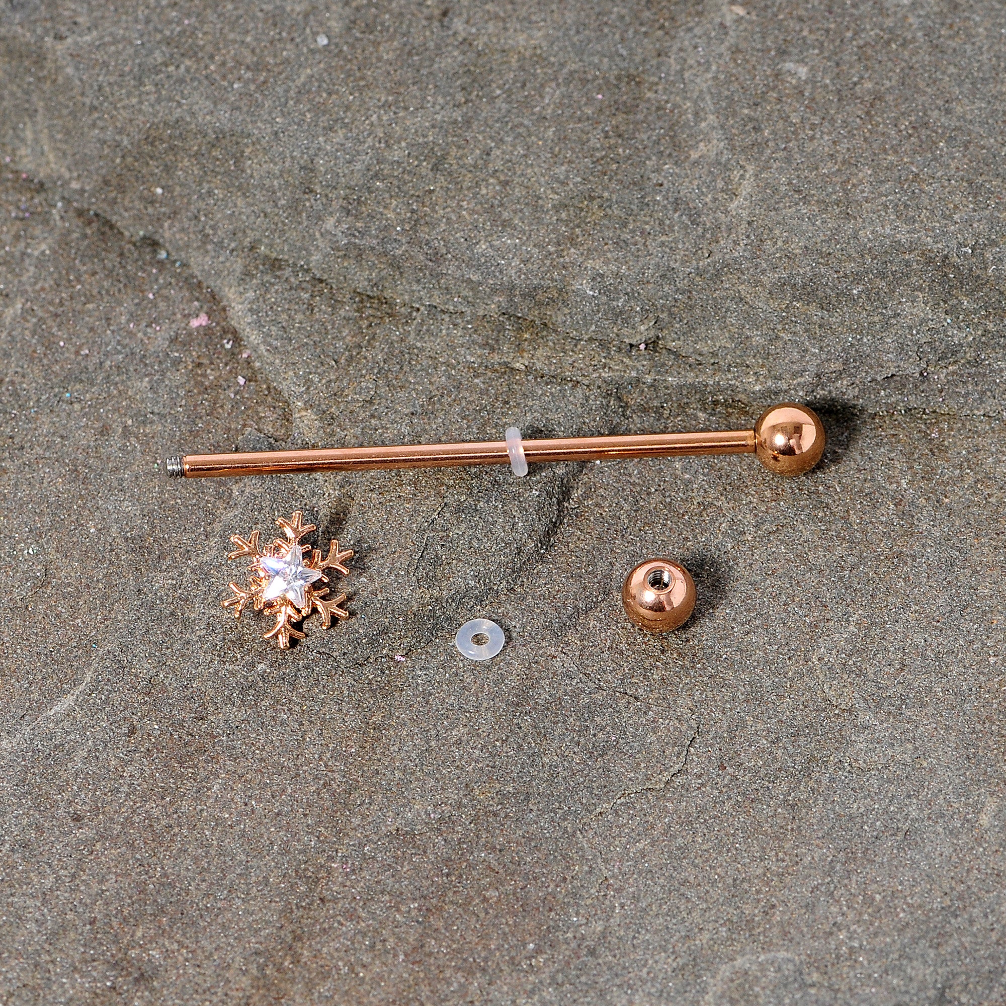 14G Clear Gem Rose Gold Tone Snowflake Industrial Barbell 38mm - Image 5