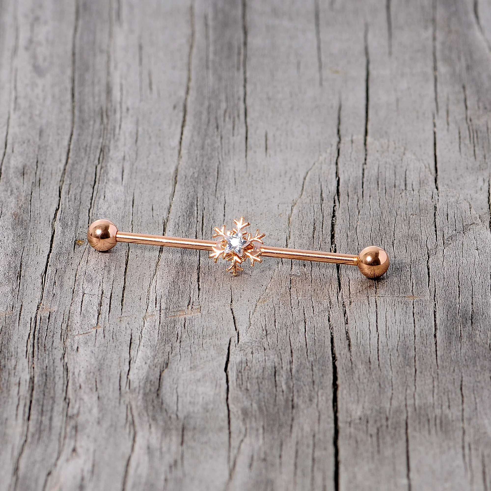 14G Clear Gem Rose Gold Tone Snowflake Industrial Barbell 38mm - Image 6