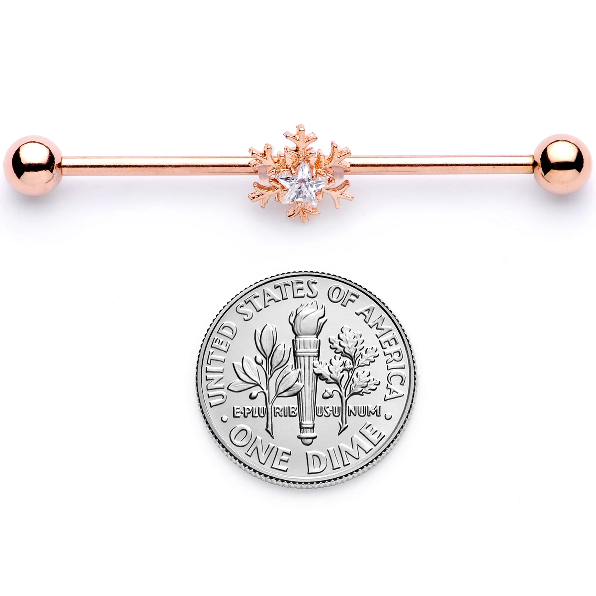 14G Clear Gem Rose Gold Tone Snowflake Industrial Barbell 38mm - Image 7