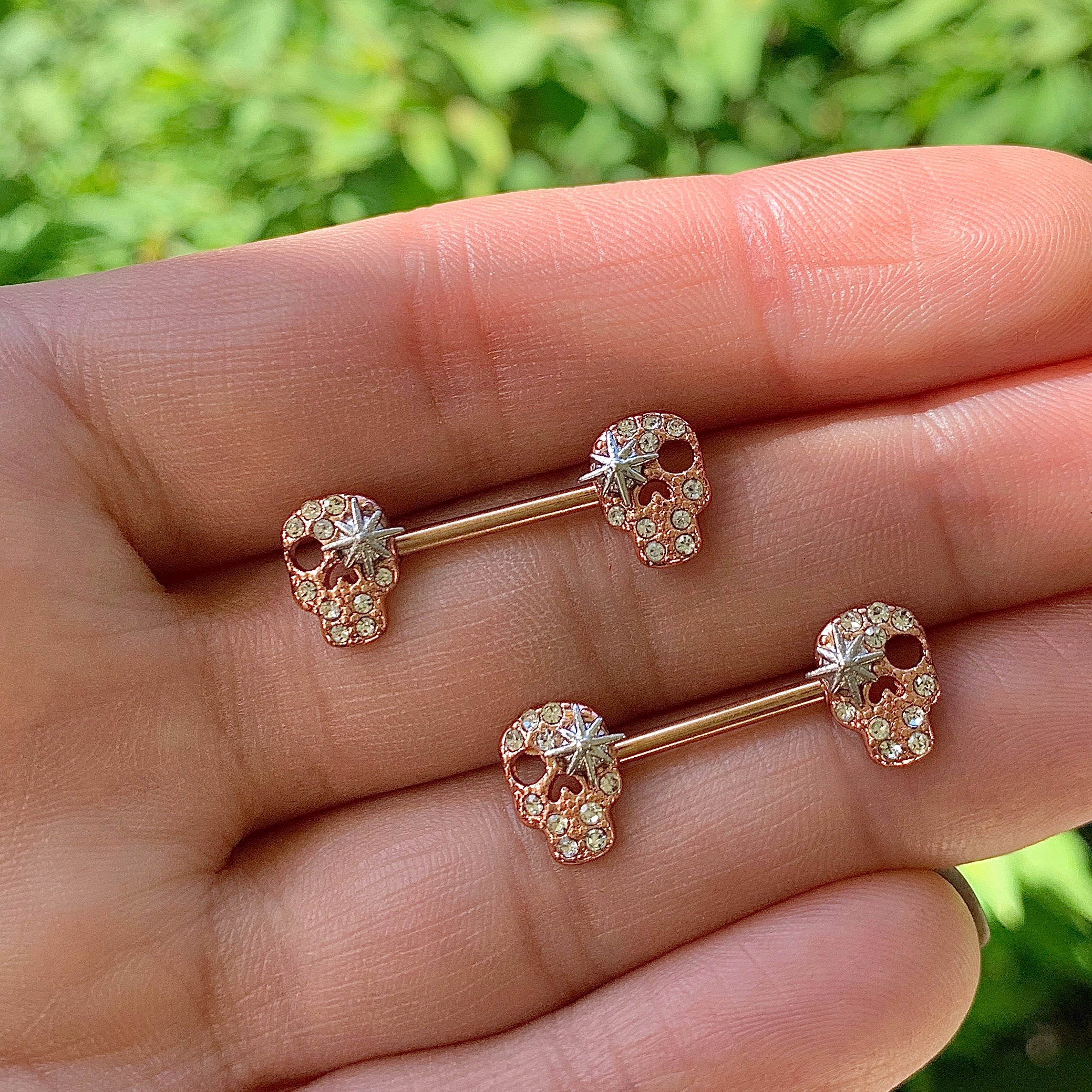 14G Clear Gem Rose Gold Tone Star Skull Barbell Nipple Ring Set - Image 2