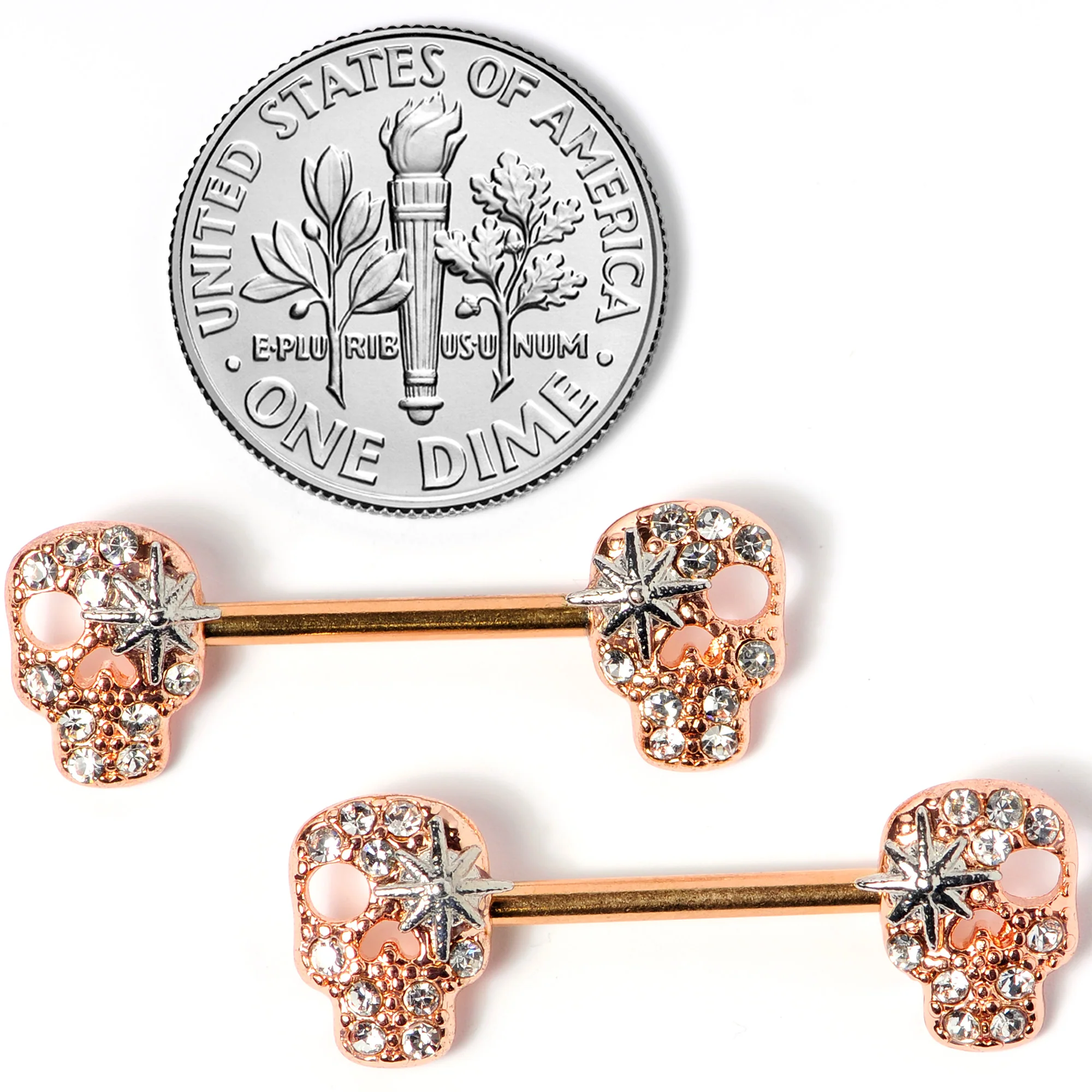 14G Clear Gem Rose Gold Tone Star Skull Barbell Nipple Ring Set - Image 5