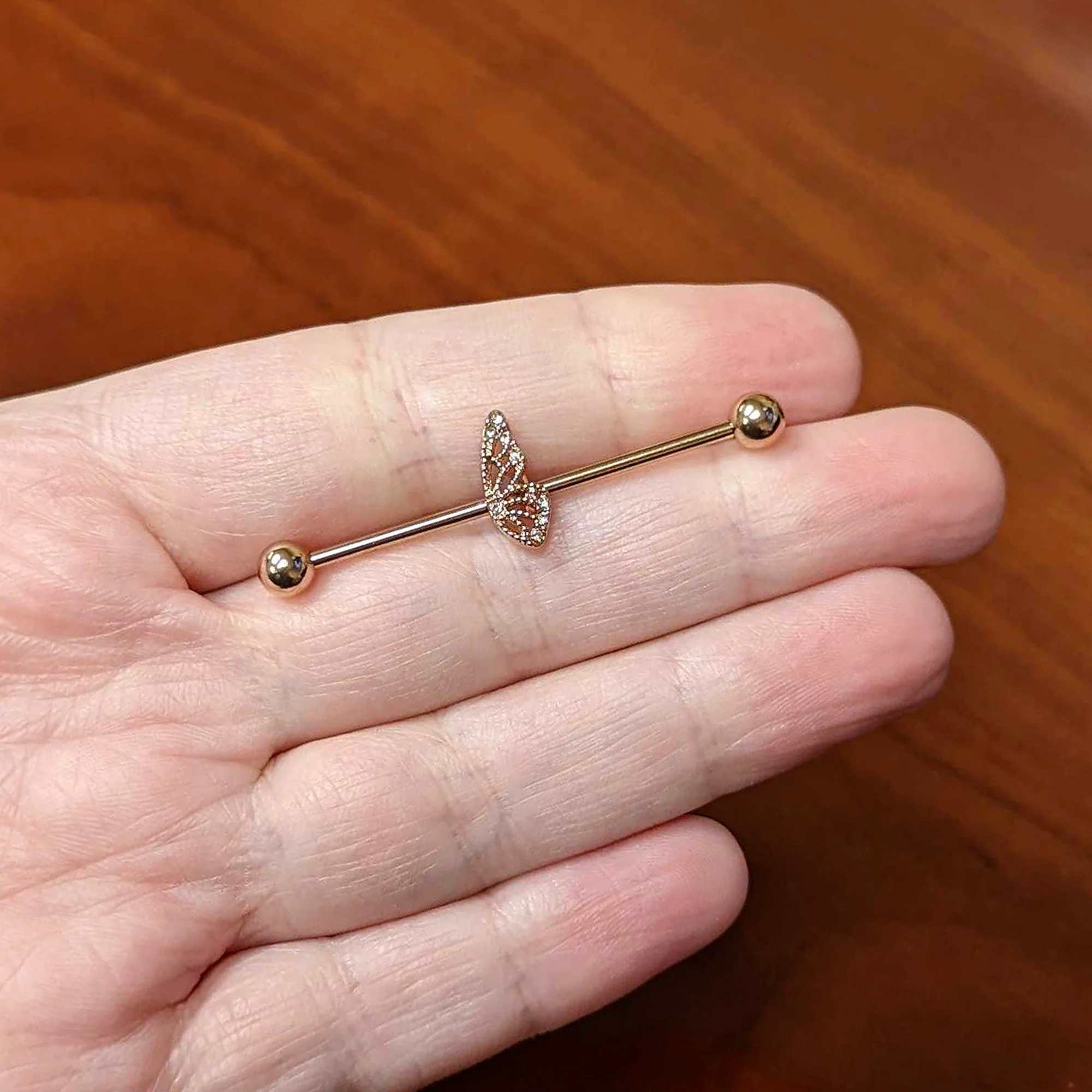 14G Clear Gem Rose Gold Tone Texture Wing Industrial Barbell 38mm - Image 3