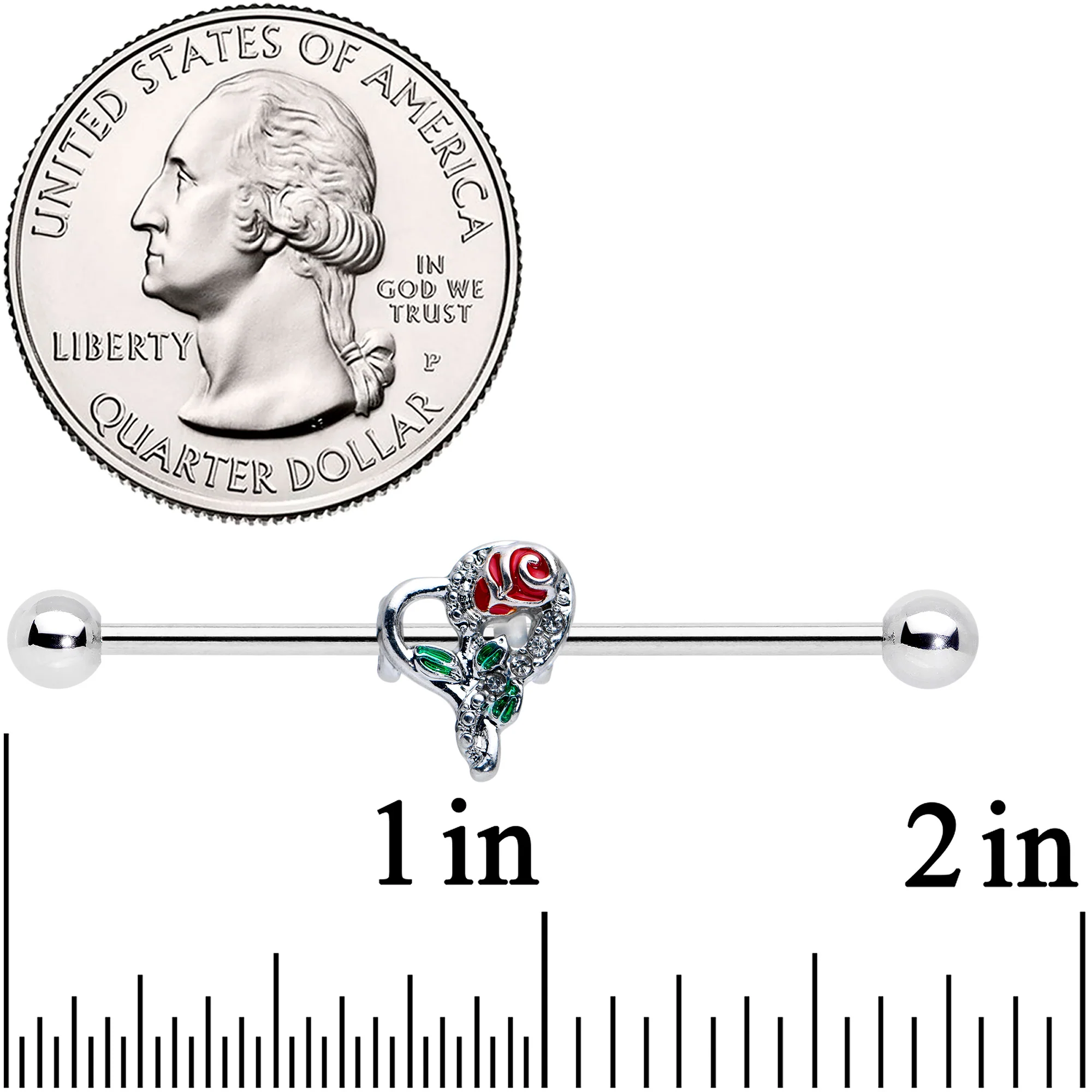 14G Clear Gem Rose Heart Valentines Day Industrial Barbell 38mm - Image 2