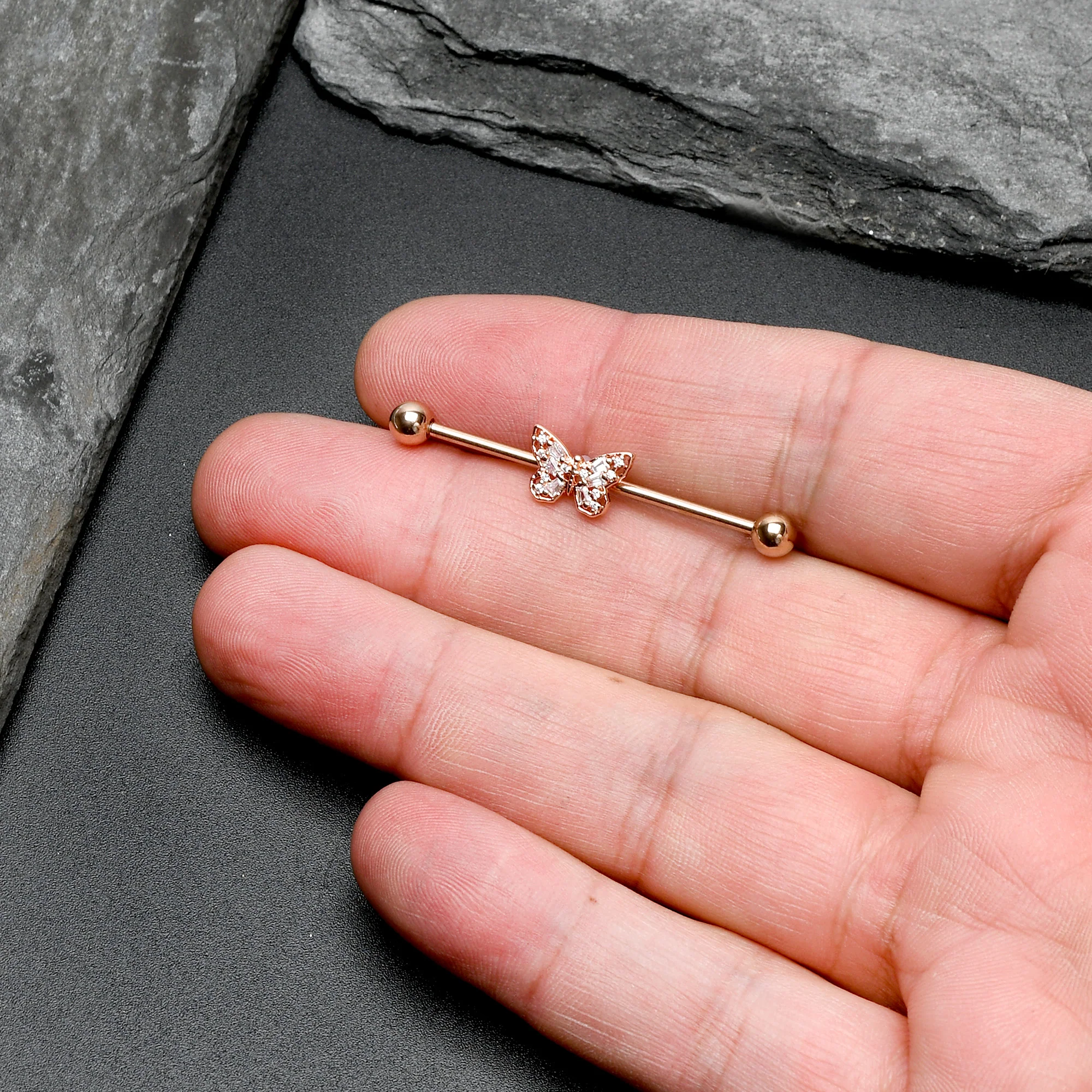 14G Clear Gem Rosy Tone Baroque Butterfly Industrial Barbell 38mm - Image 8