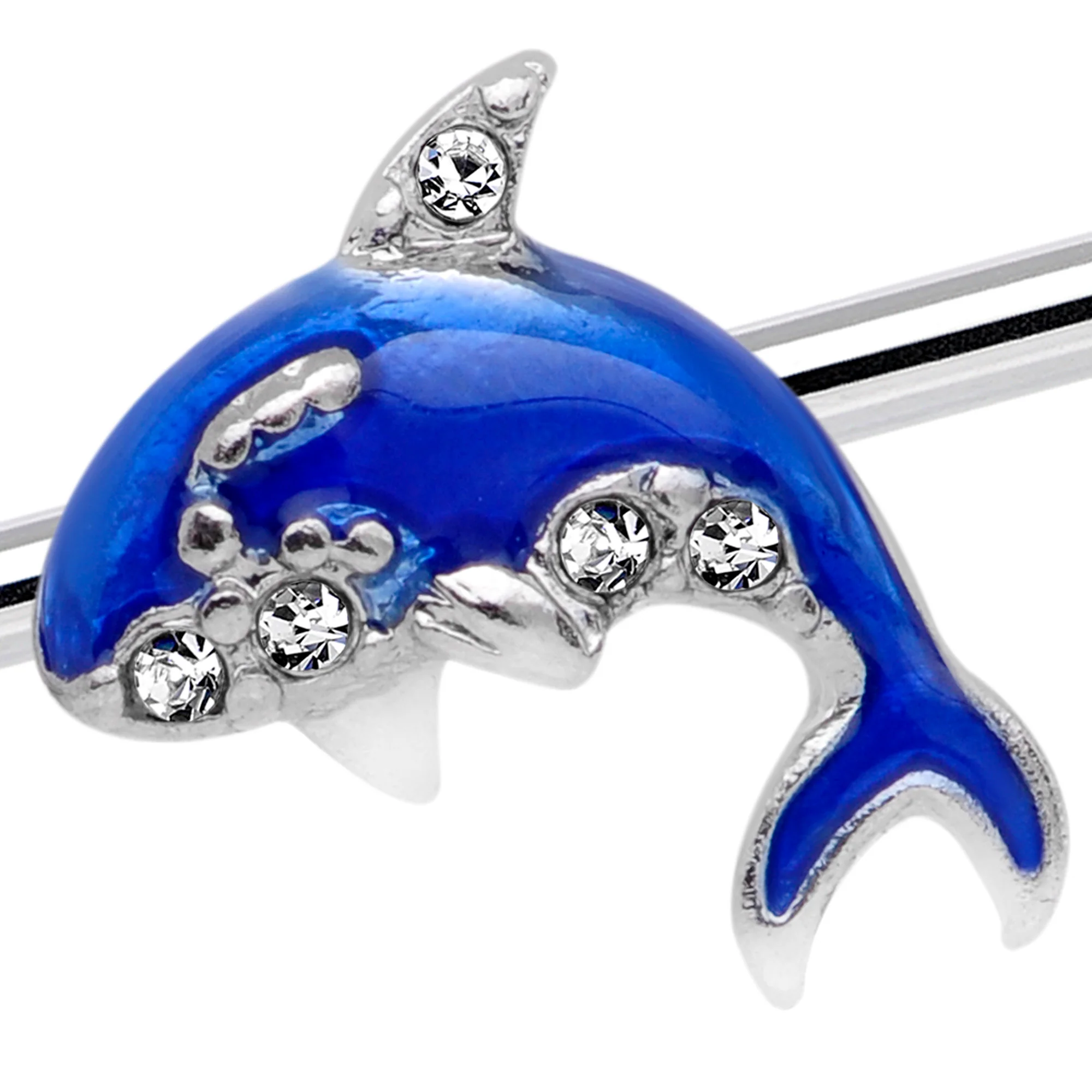14G Clear Gem Sea Bling Blue Orca Whale Industrial Barbell 38mm - Image 2