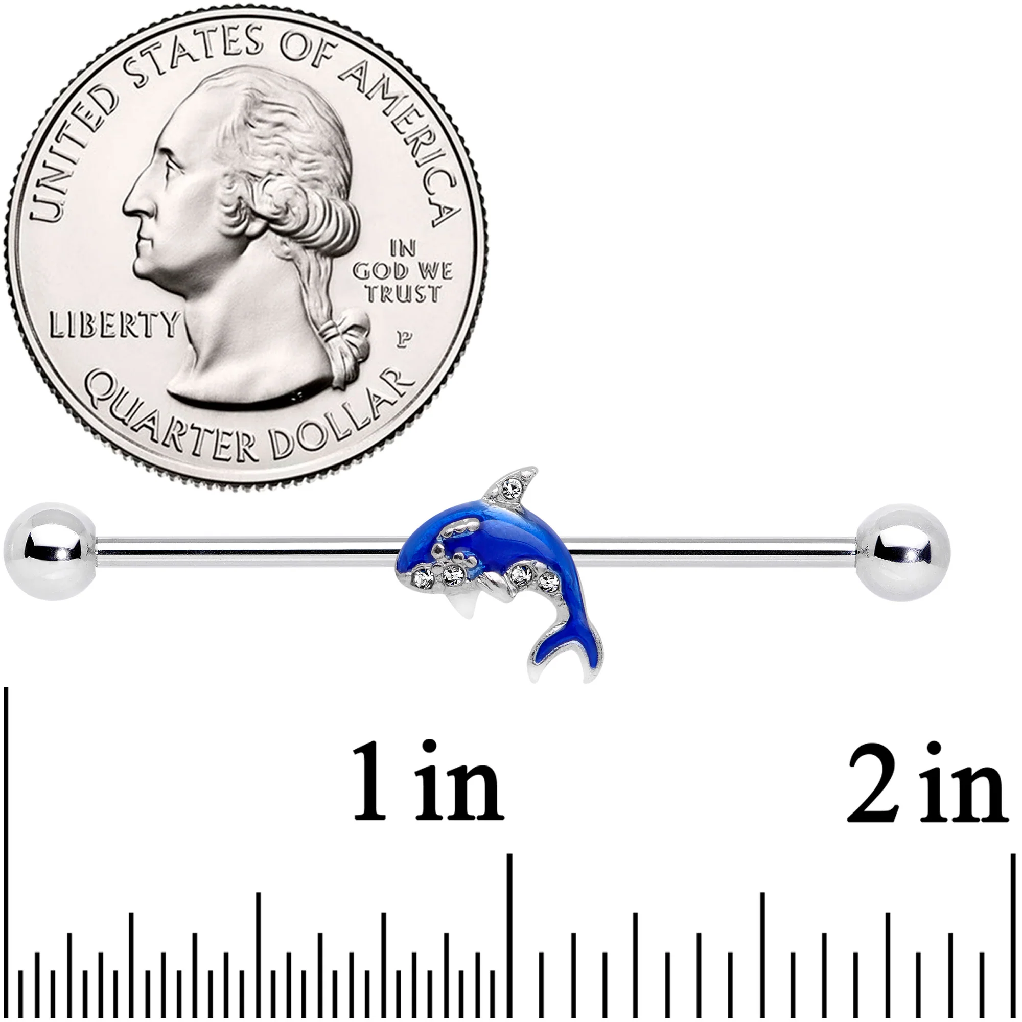14G Clear Gem Sea Bling Blue Orca Whale Industrial Barbell 38mm - Image 3
