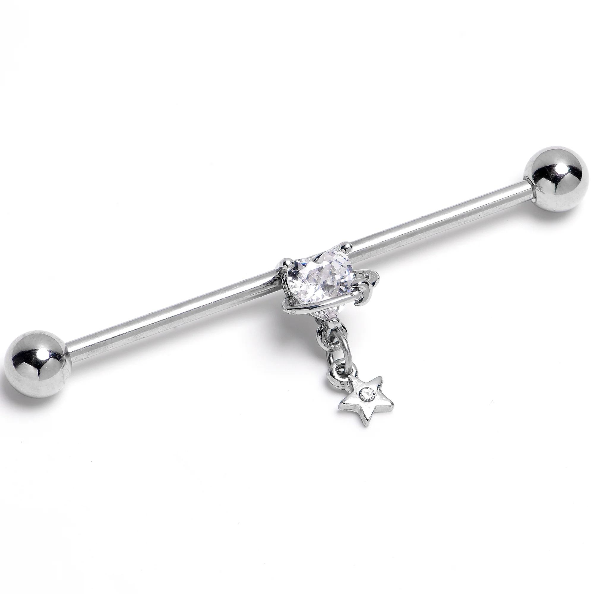 14G Clear Gem Starry Heart Dangle Industrial Barbell 38mm
