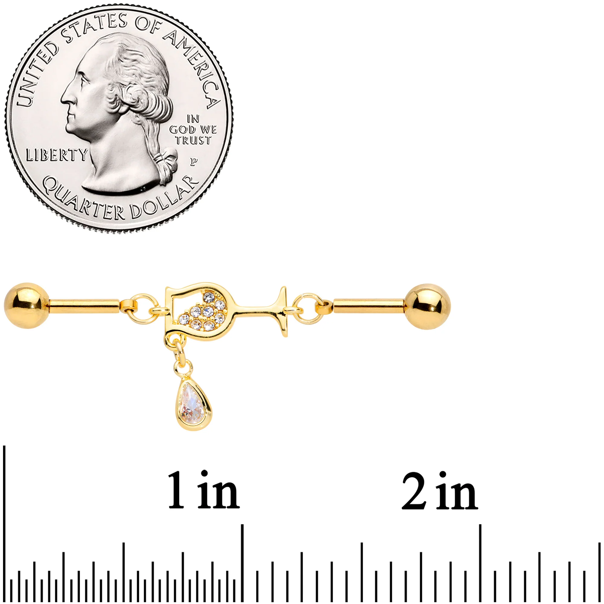 14G Clear Gem Wineglass Dangle Double Industrial Barbell 38mm - Image 2