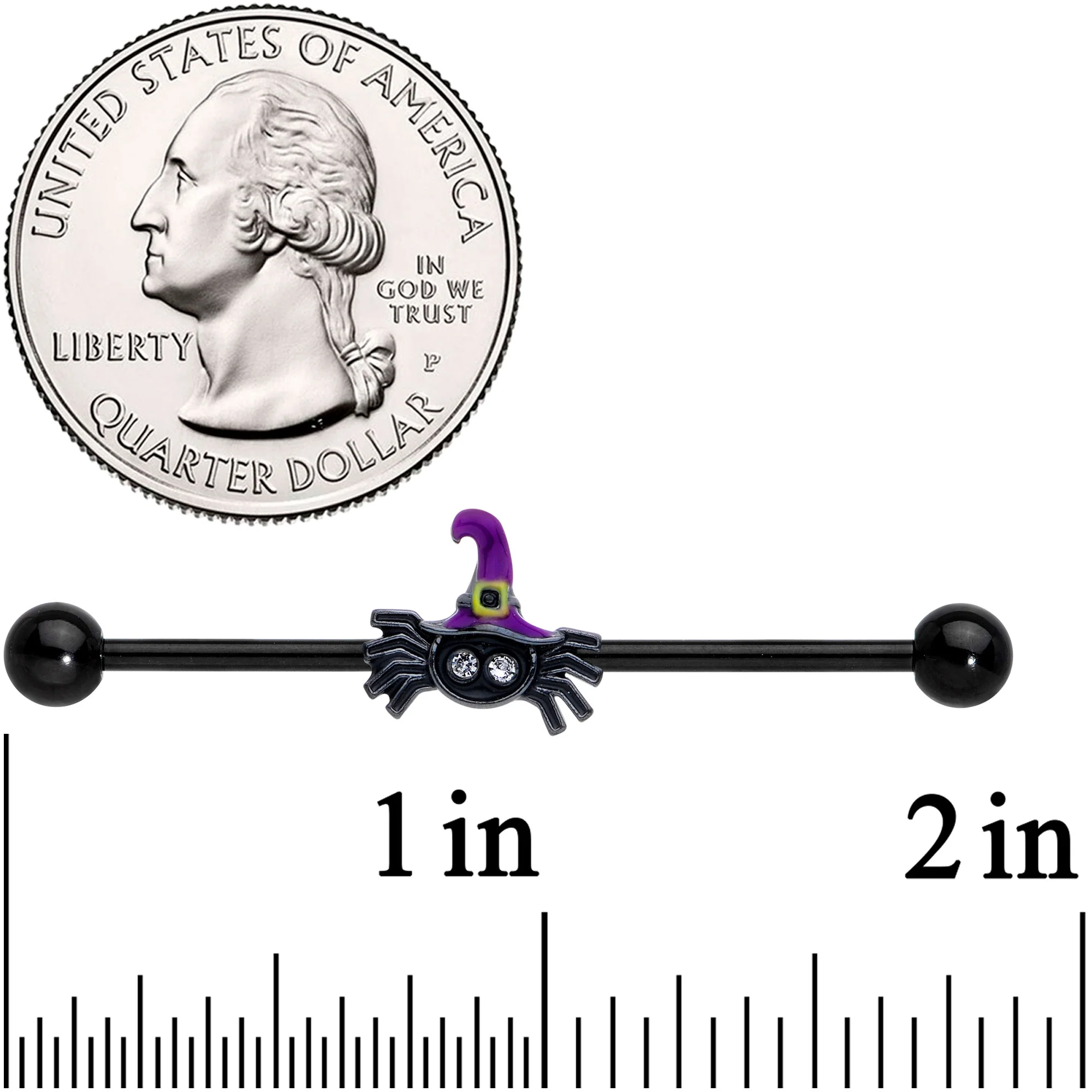 14G Clear Gem Witchy Spider Halloween Industrial Barbell 38mm - Image 2