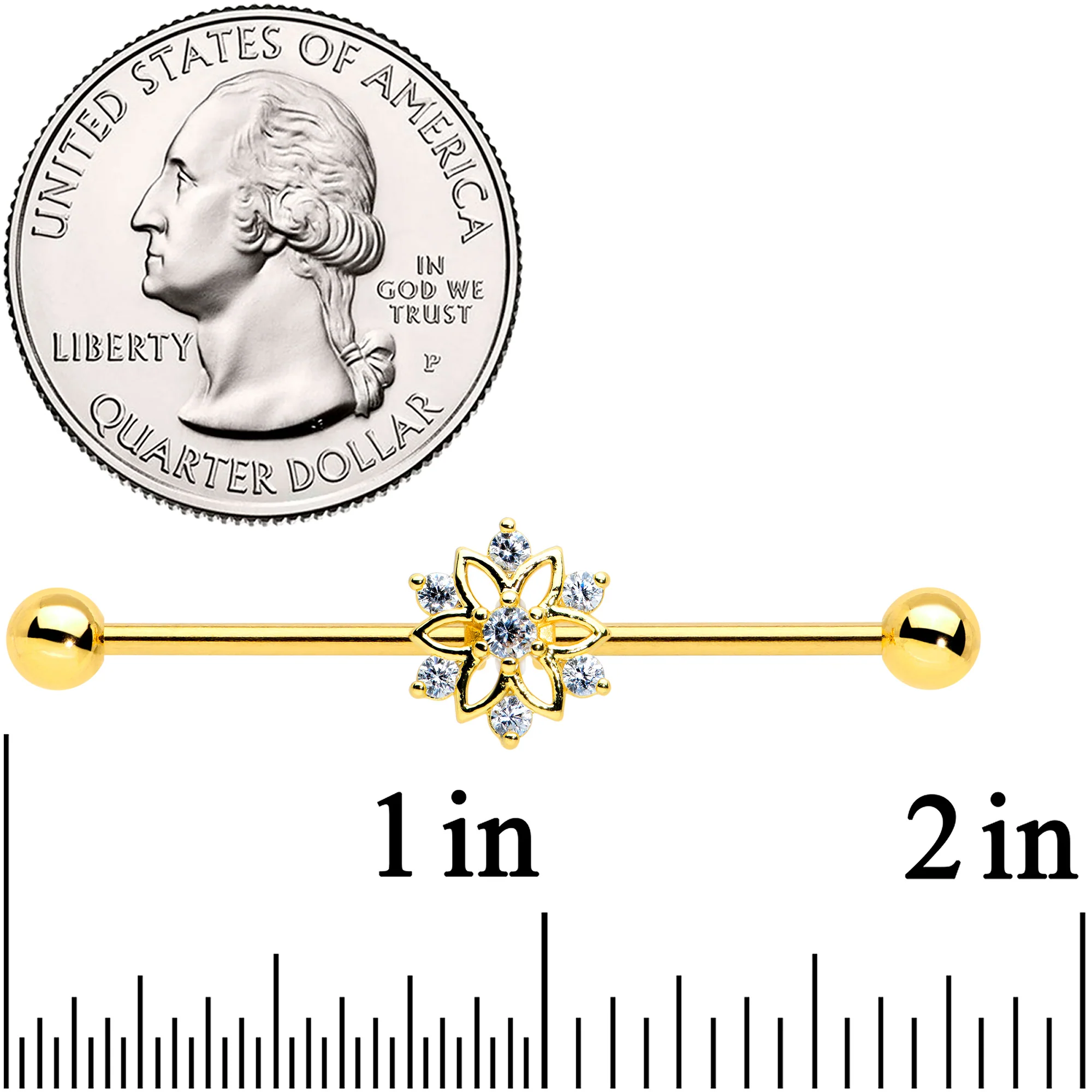 14G Clear Gold Tone Flower SnowflakeChristmas Industrial Barbell 38mm - Image 2
