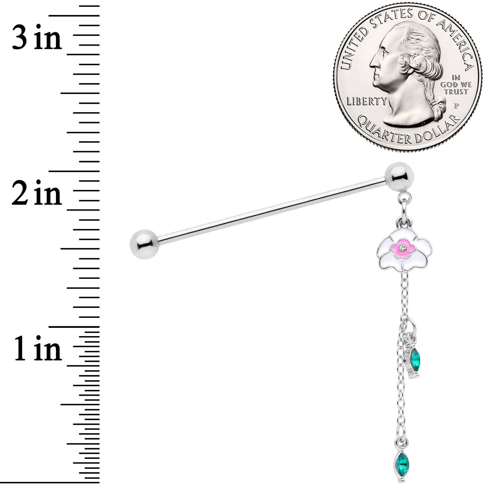 14G Clear Green Gem Flower Chain Dangle Industrial Barbell 38mm - Image 3