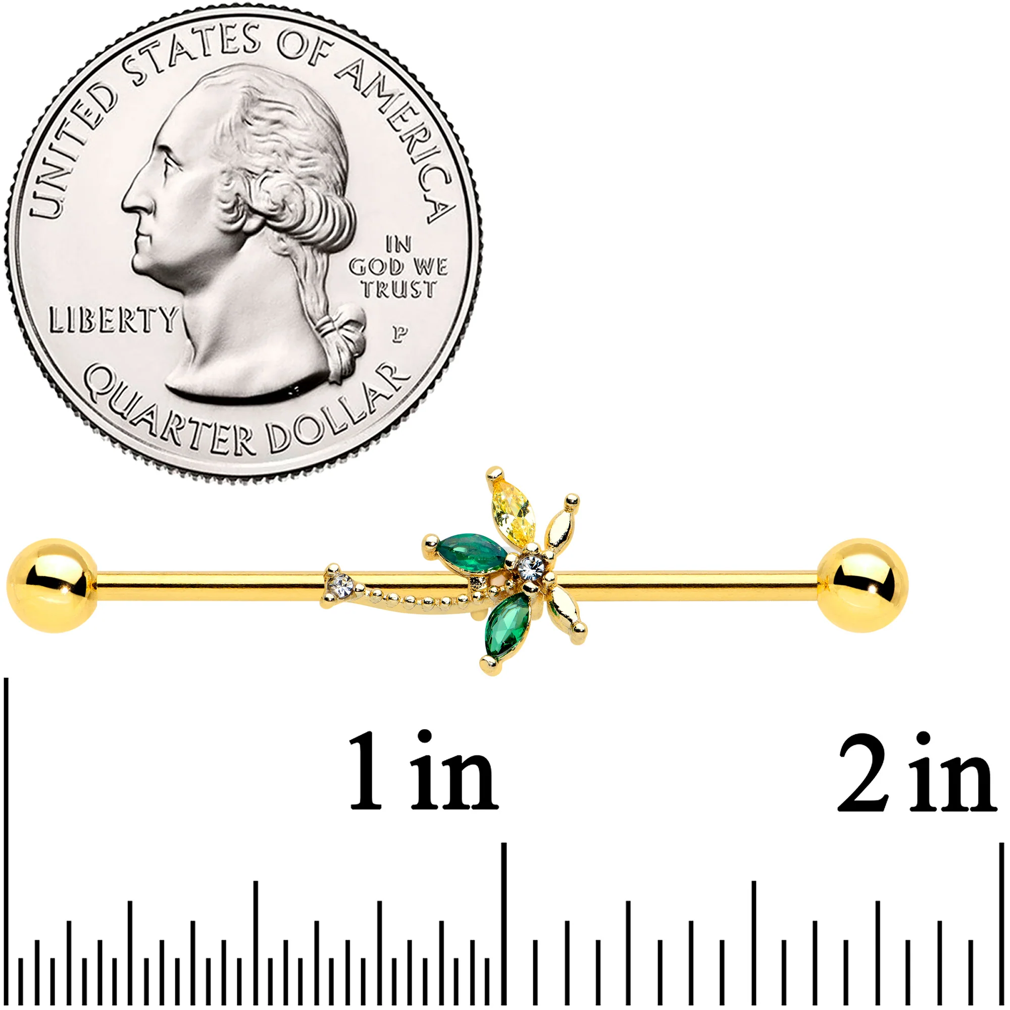 14G Clear Green Gem Gold Tone Palm Tree Industrial Barbell 38mm - Image 2