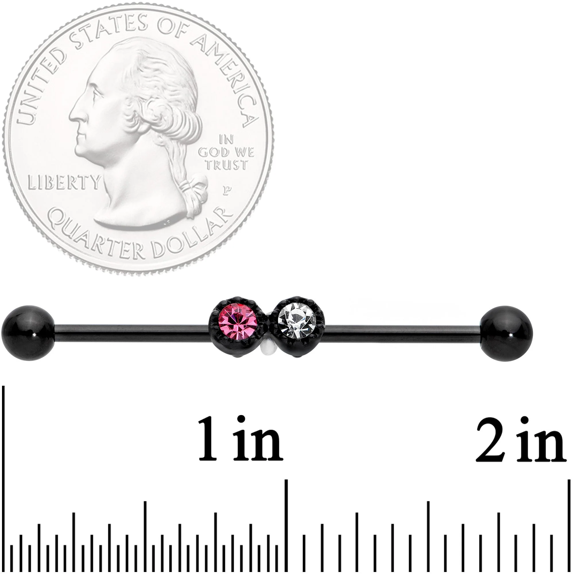 14G Clear Pink Gem Black Double Drama Industrial Barbell 38mm - Image 2