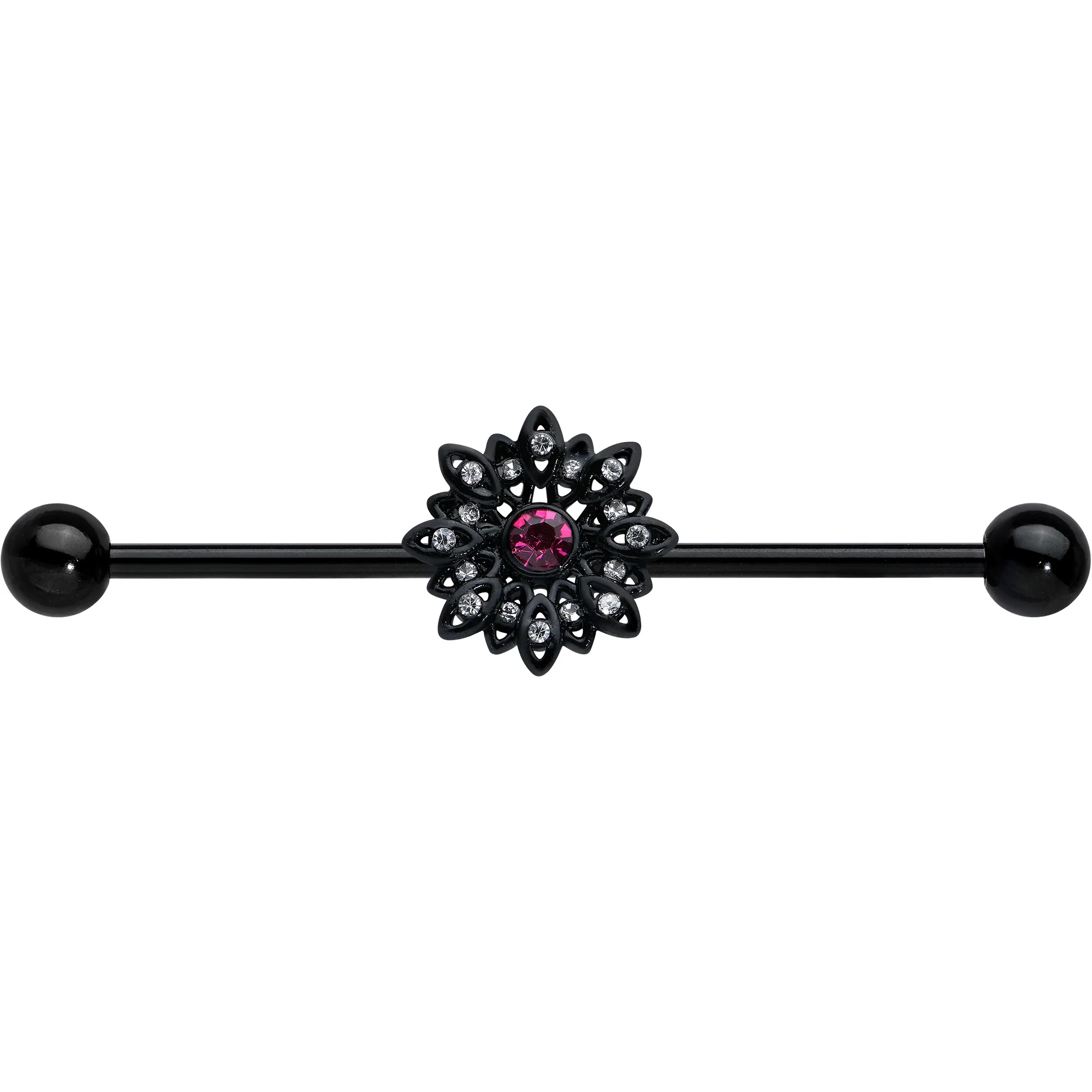 14G Clear Pink Gem Black Midnight Flower Industrial Barbell 38mm - Image 2