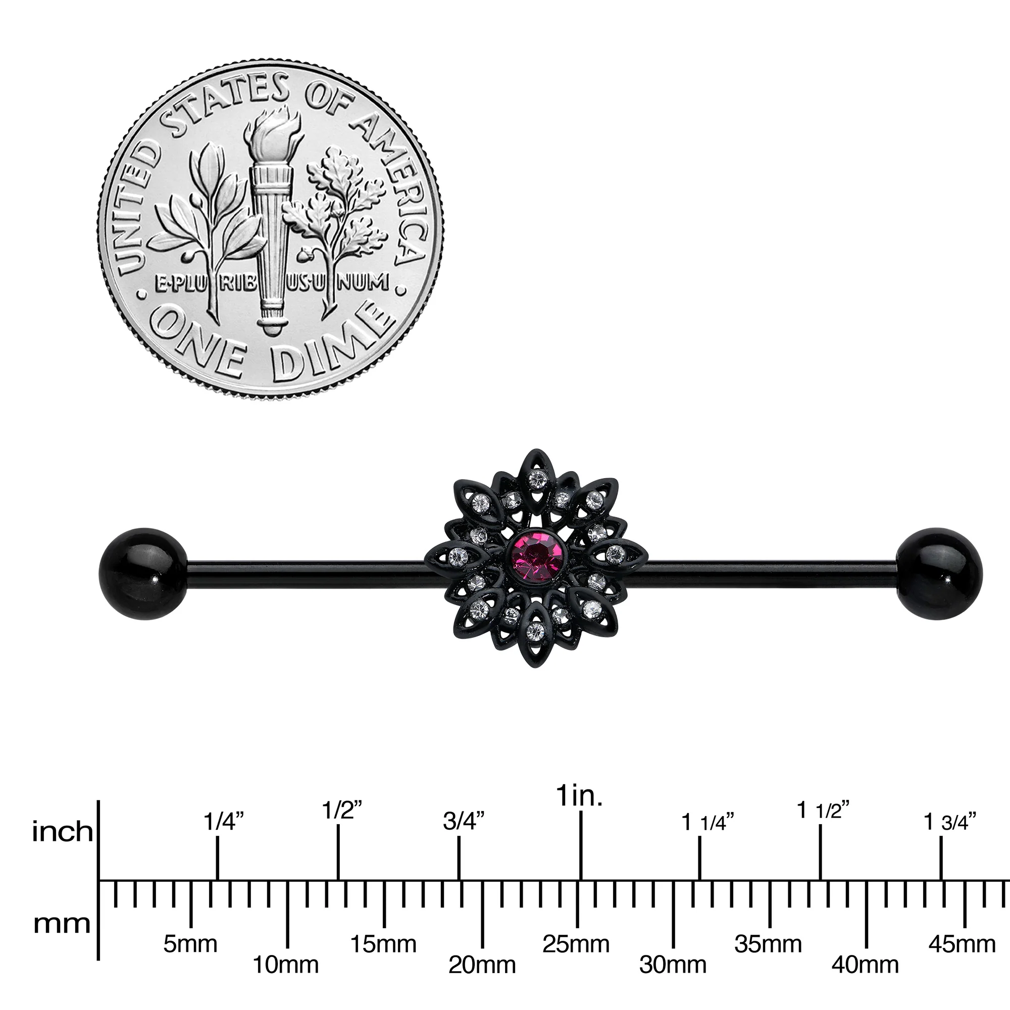 14G Clear Pink Gem Black Midnight Flower Industrial Barbell 38mm - Image 3
